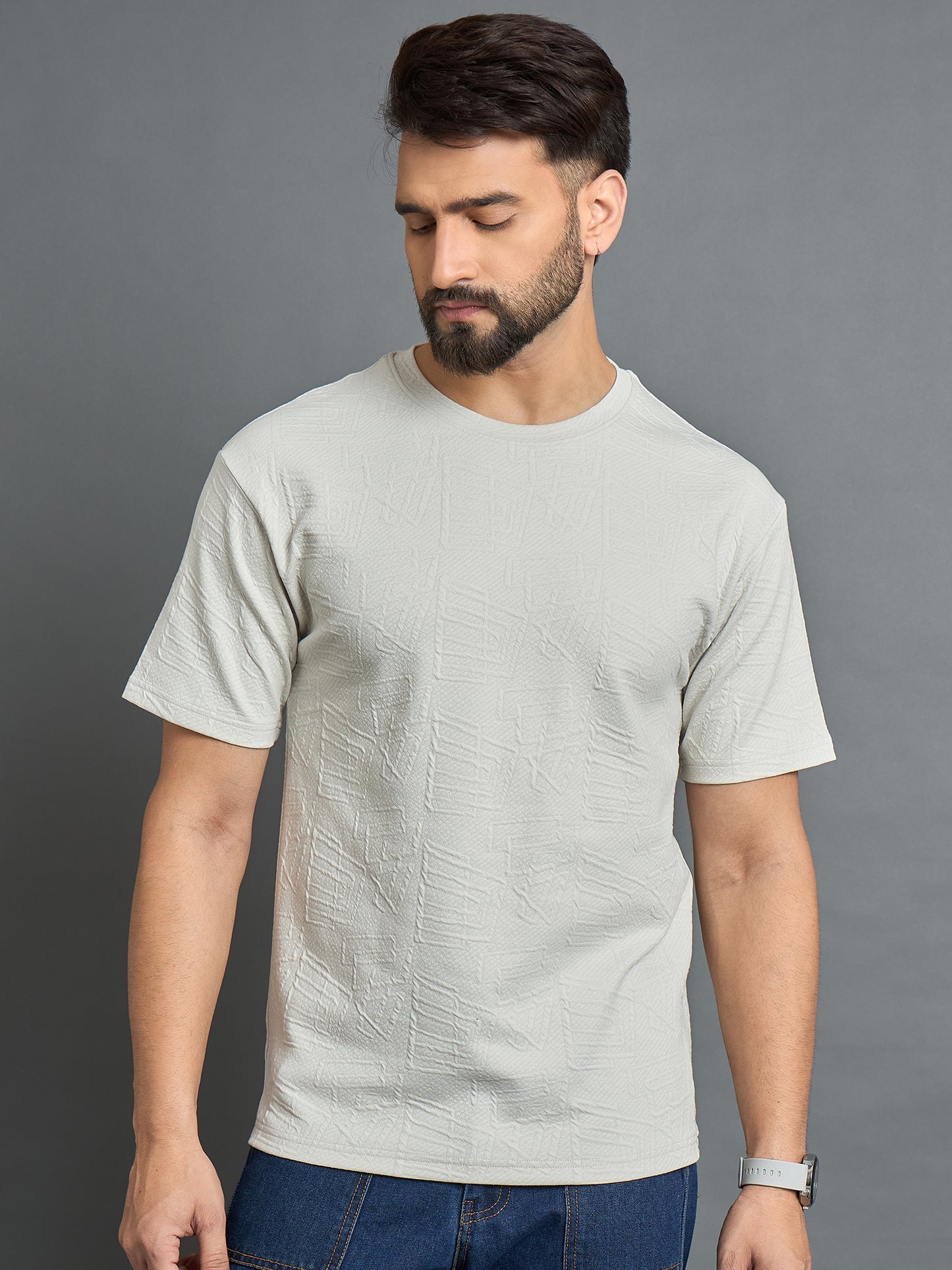 Off White Drop Shoulder Textured Tee