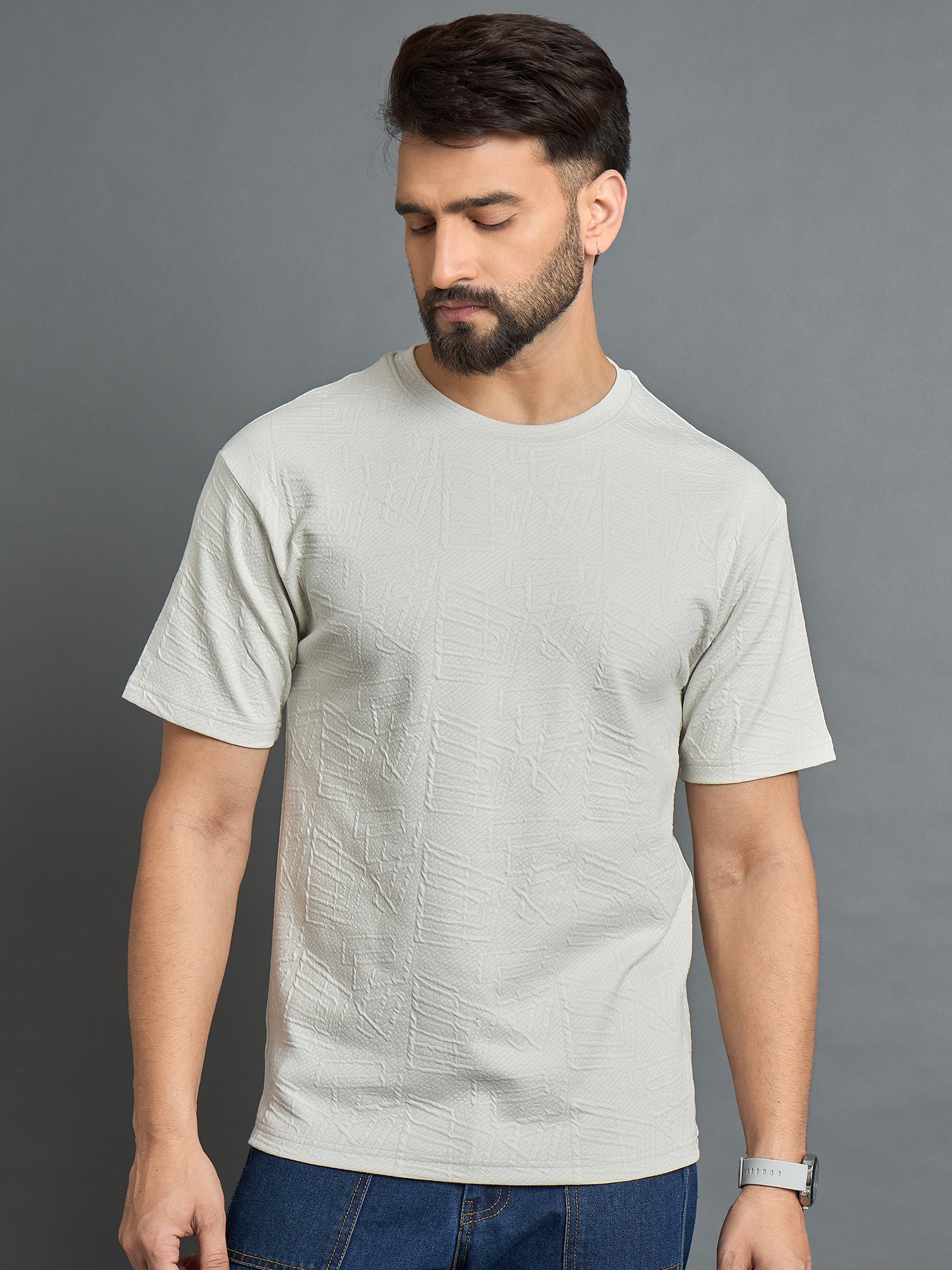Off White Drop Shoulder Textured Tee