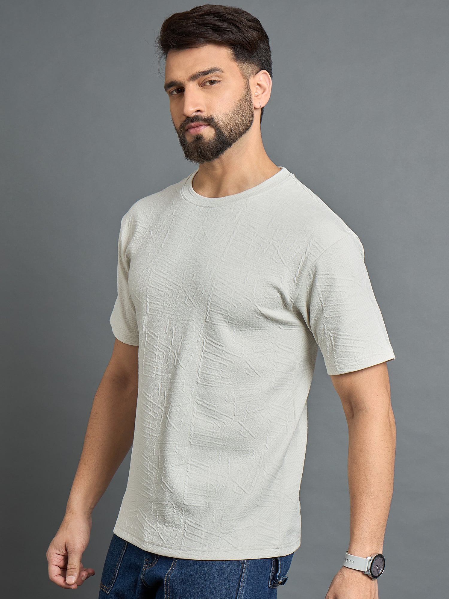 Off White Drop Shoulder Textured Tee