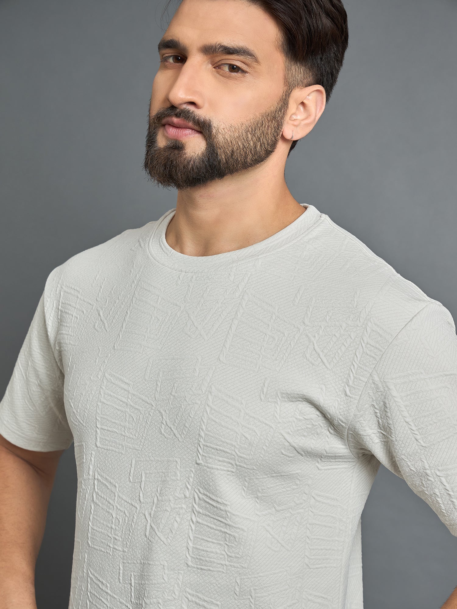 Off White Drop Shoulder Textured Tee