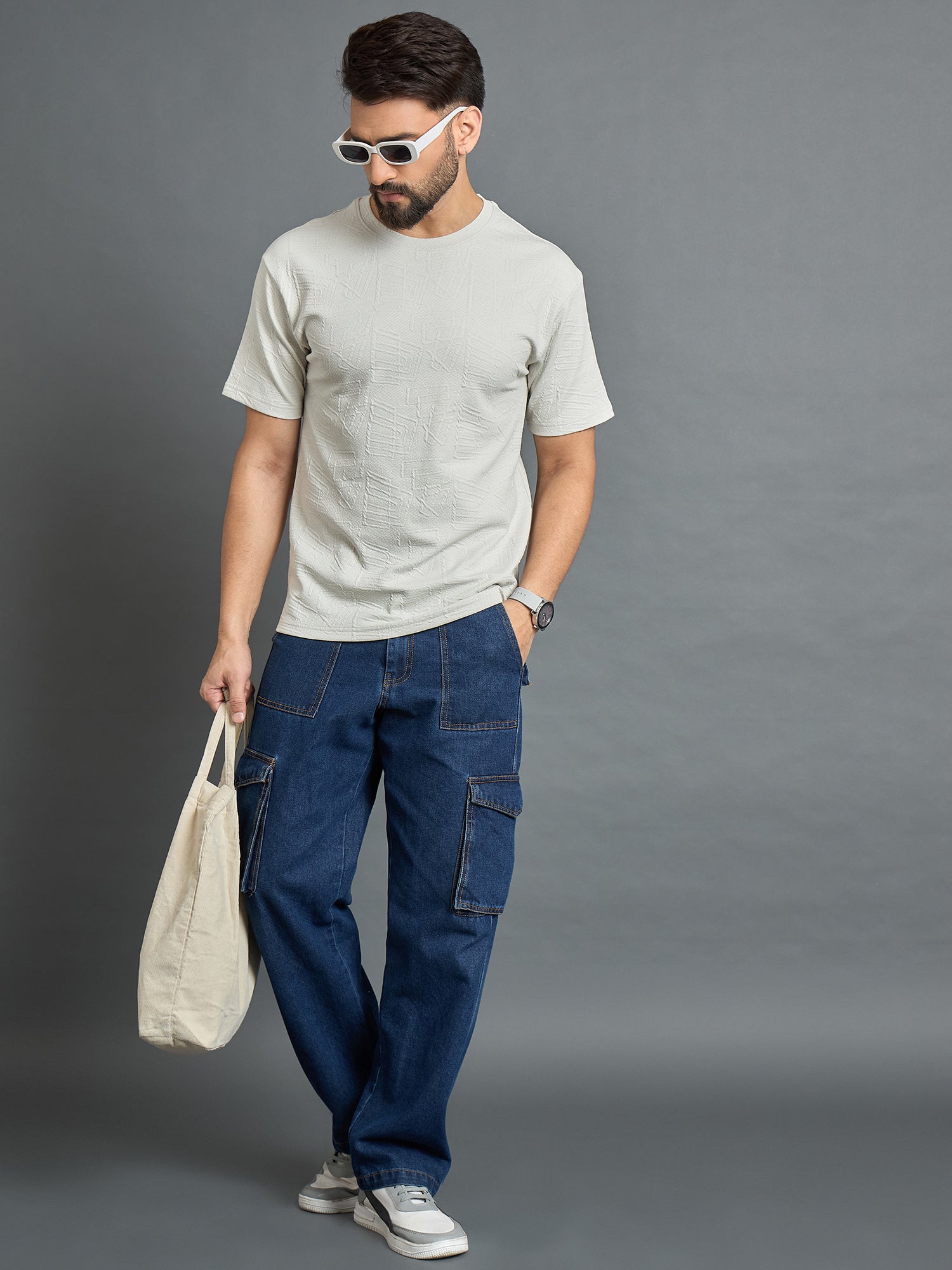 Off White Drop Shoulder Textured Tee