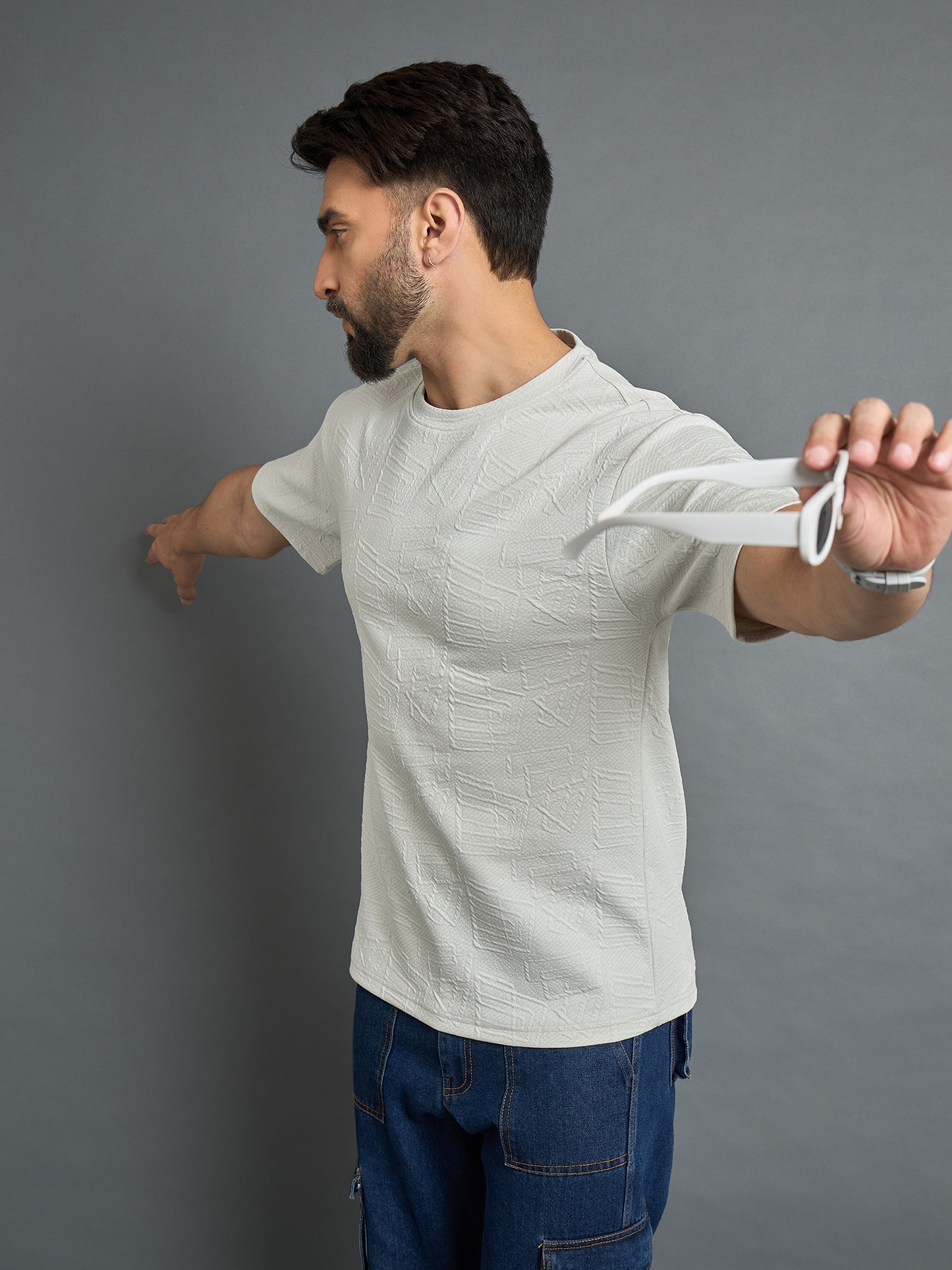 Off White Drop Shoulder Textured Tee