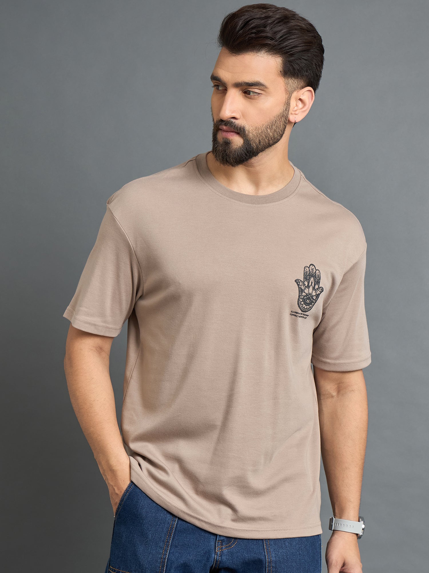 Beige Drop Shoulder Textured Tee