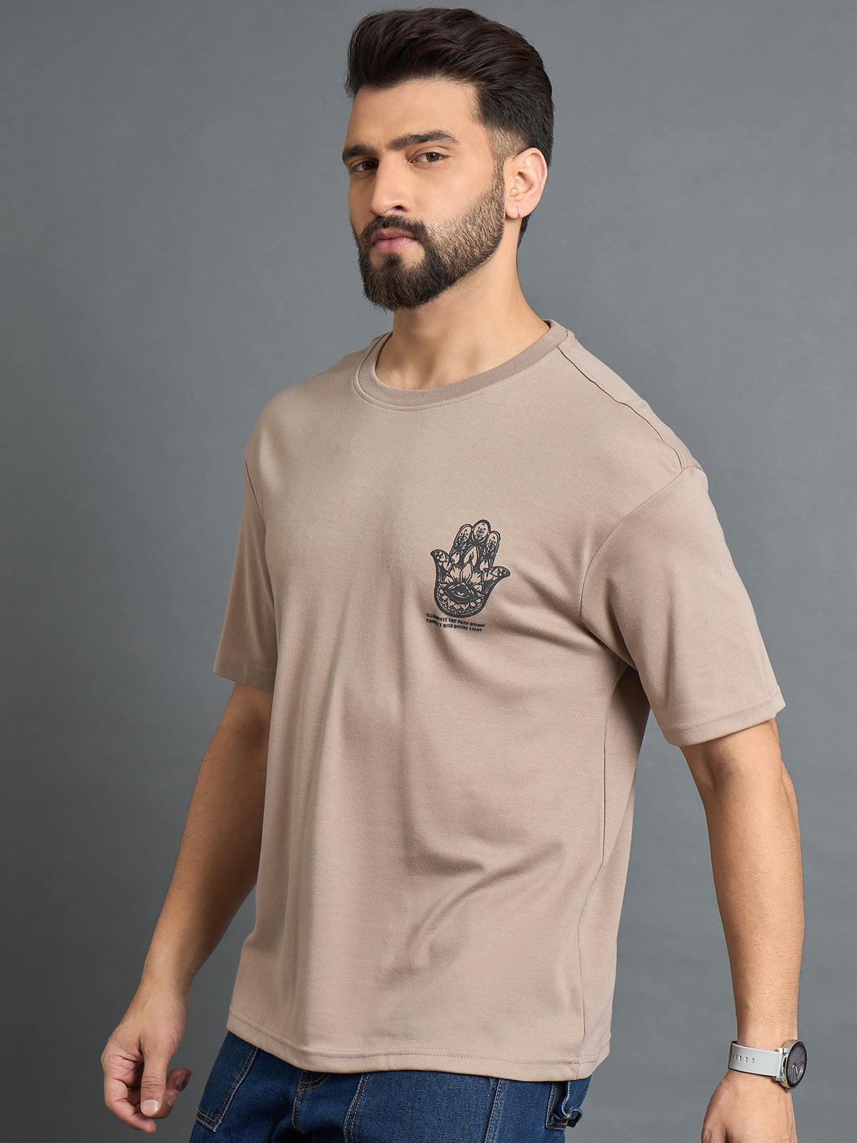 Beige Drop Shoulder Textured Tee
