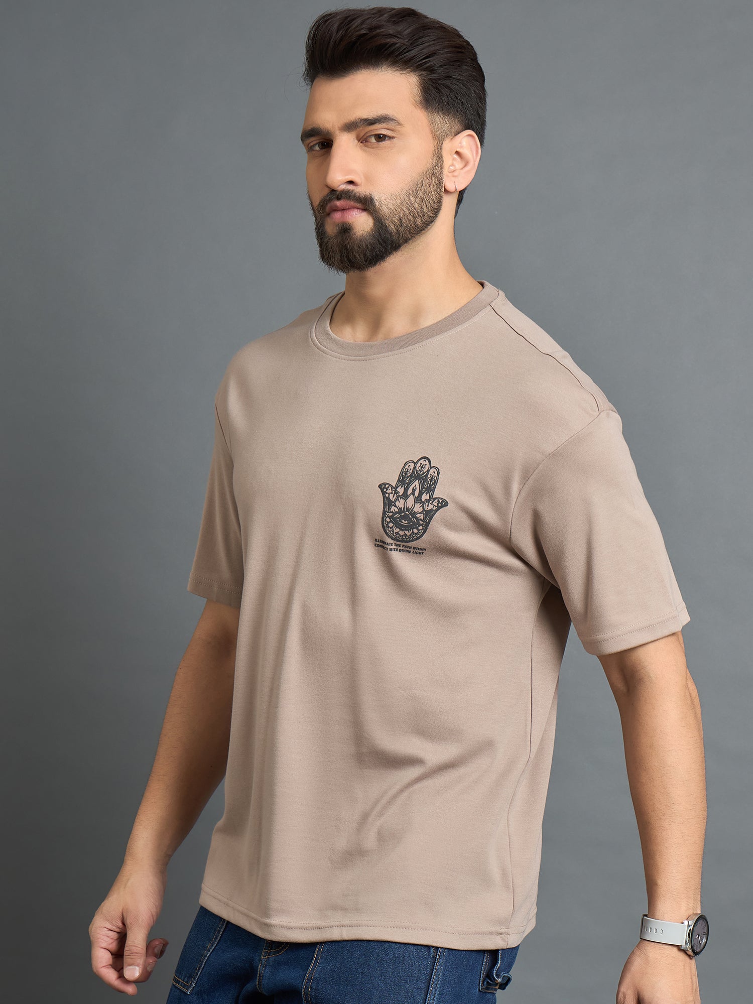 Beige Drop Shoulder Textured Tee