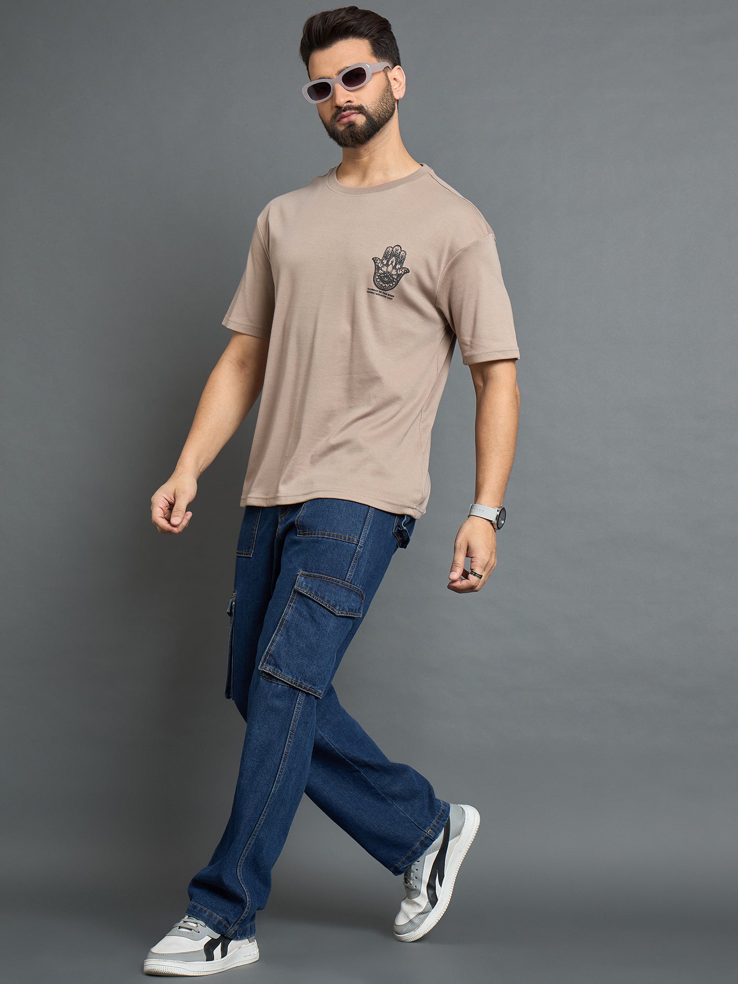 Beige Drop Shoulder Textured Tee