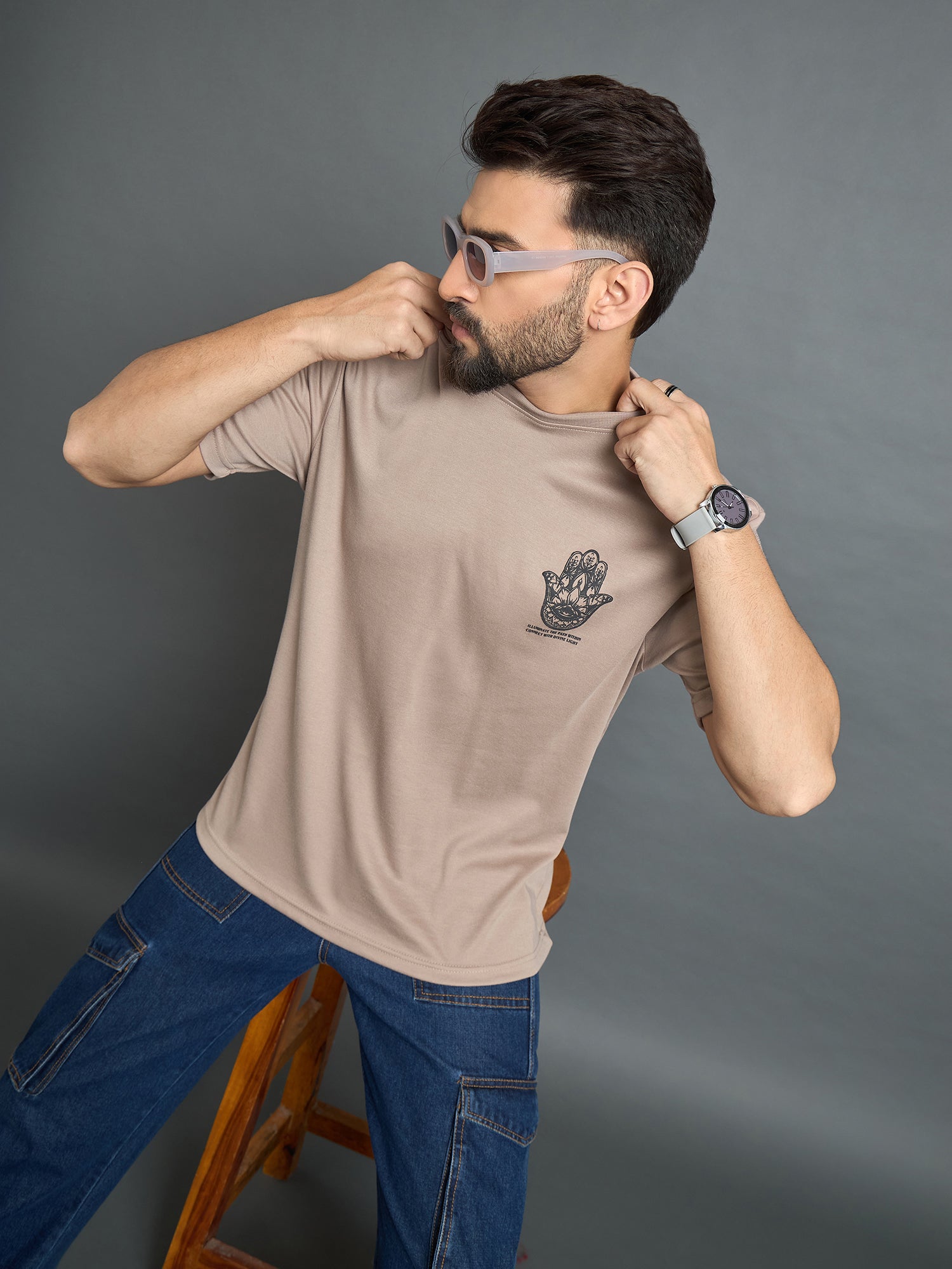 Beige Drop Shoulder Textured Tee