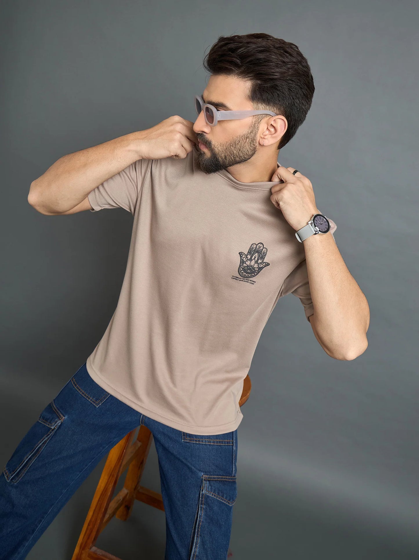Men Drop Shoulder Tee Beige