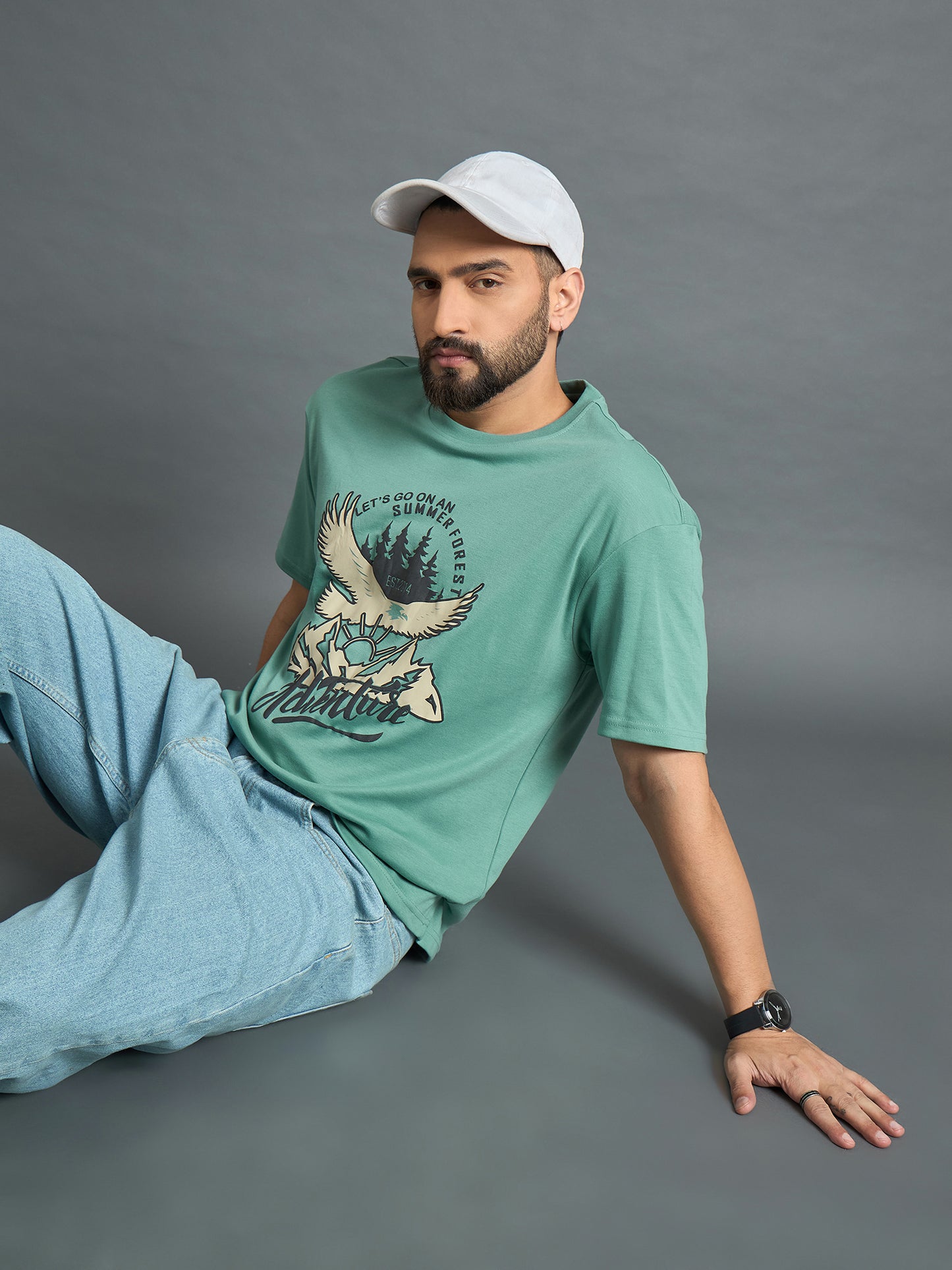Sea Green Drop Shoulder Textured Tee