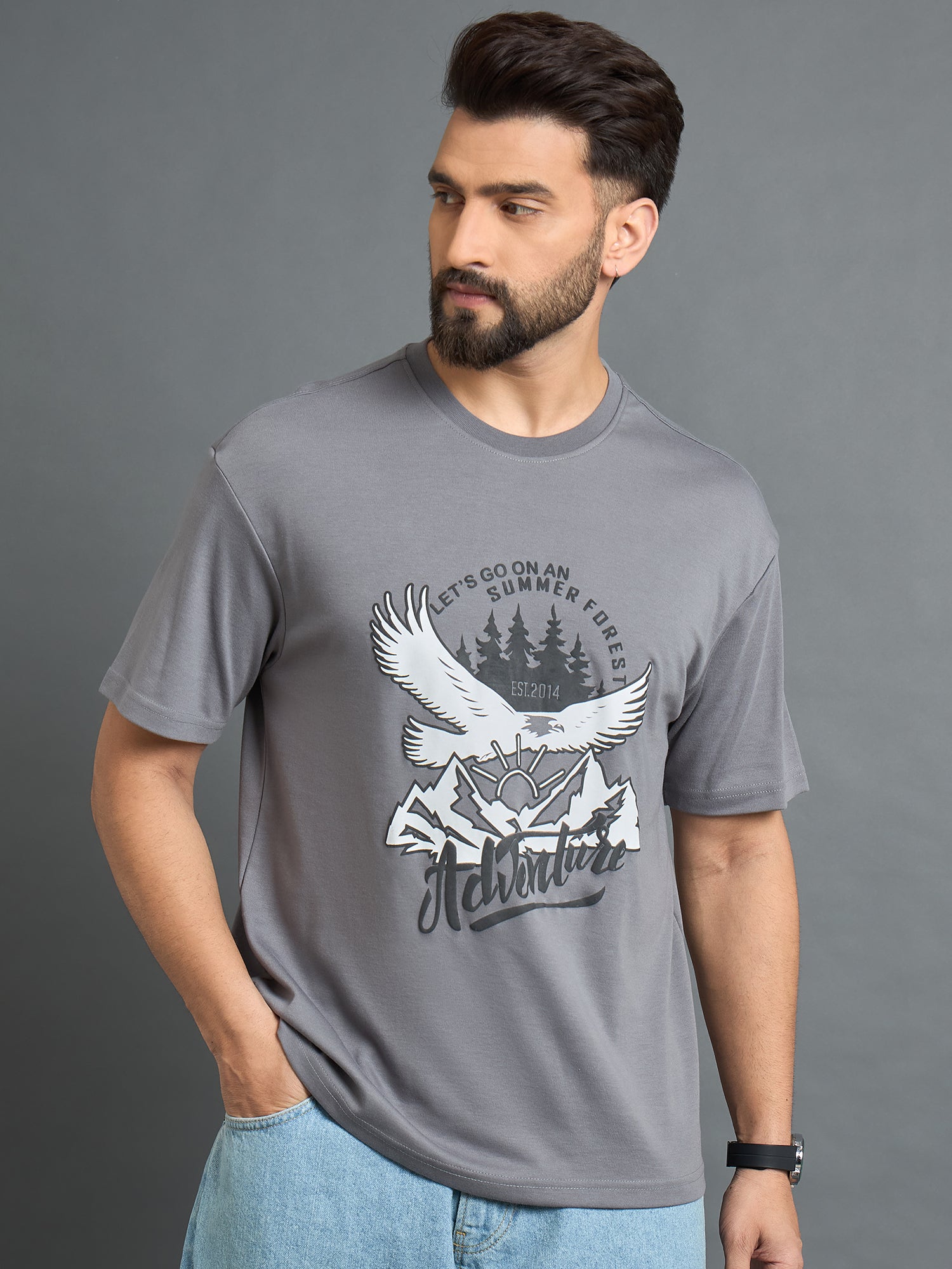 Grey Drop Shoulder Textured Tee