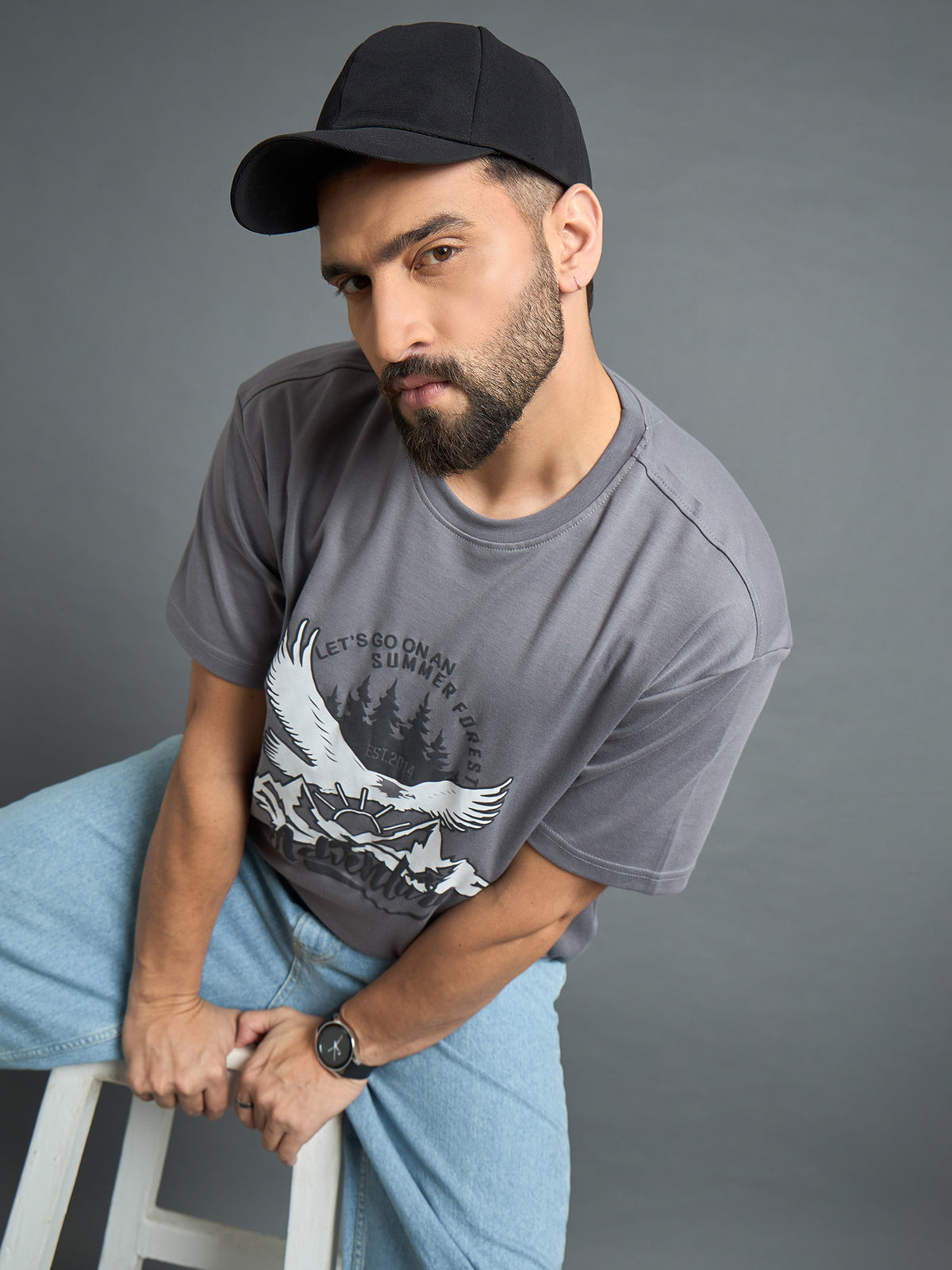 Grey Drop Shoulder Textured Tee