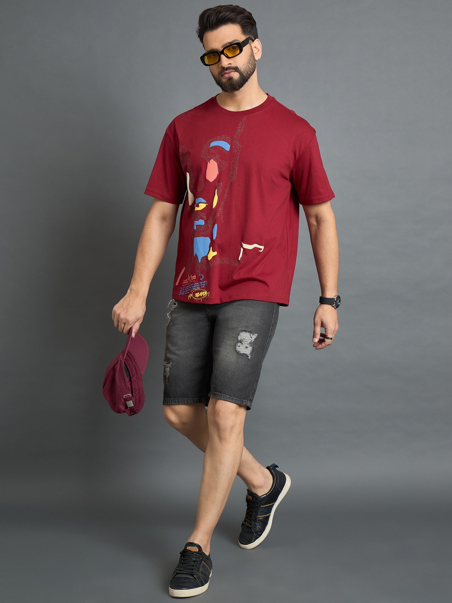 Red Drop  Shoulder Textured Tee