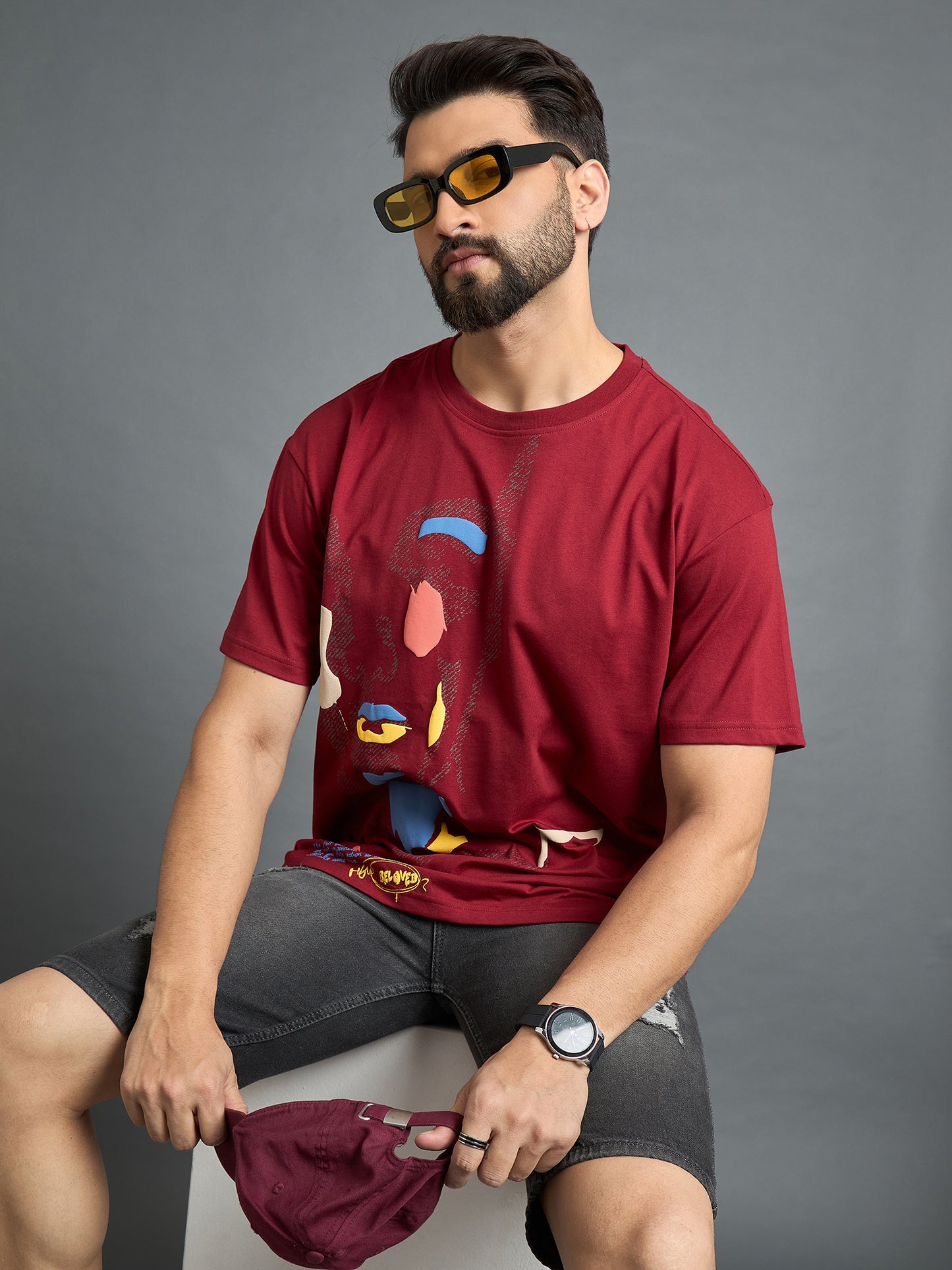 Red Drop  Shoulder Textured Tee