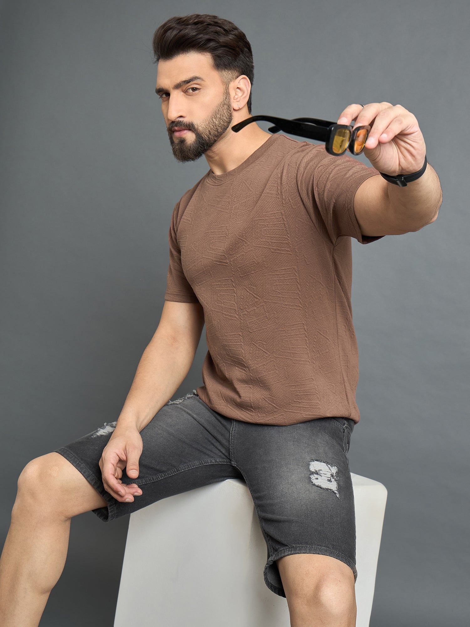 Brown Drop Shoulder Textured Tee