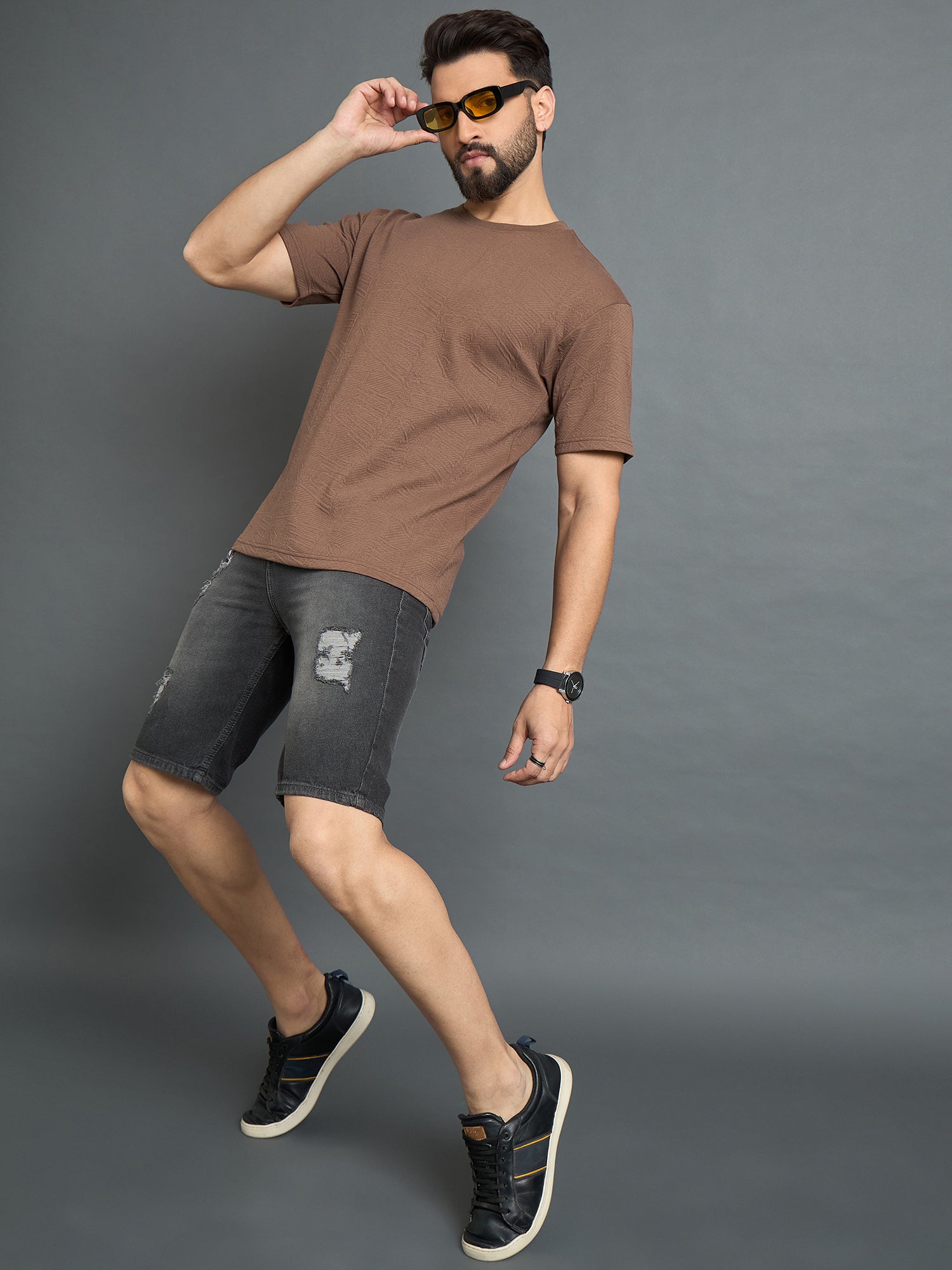 Brown Drop Shoulder Textured Tee