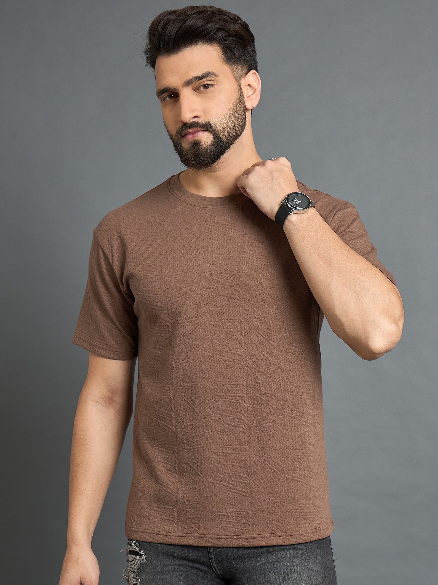Brown Drop Shoulder Textured Tee