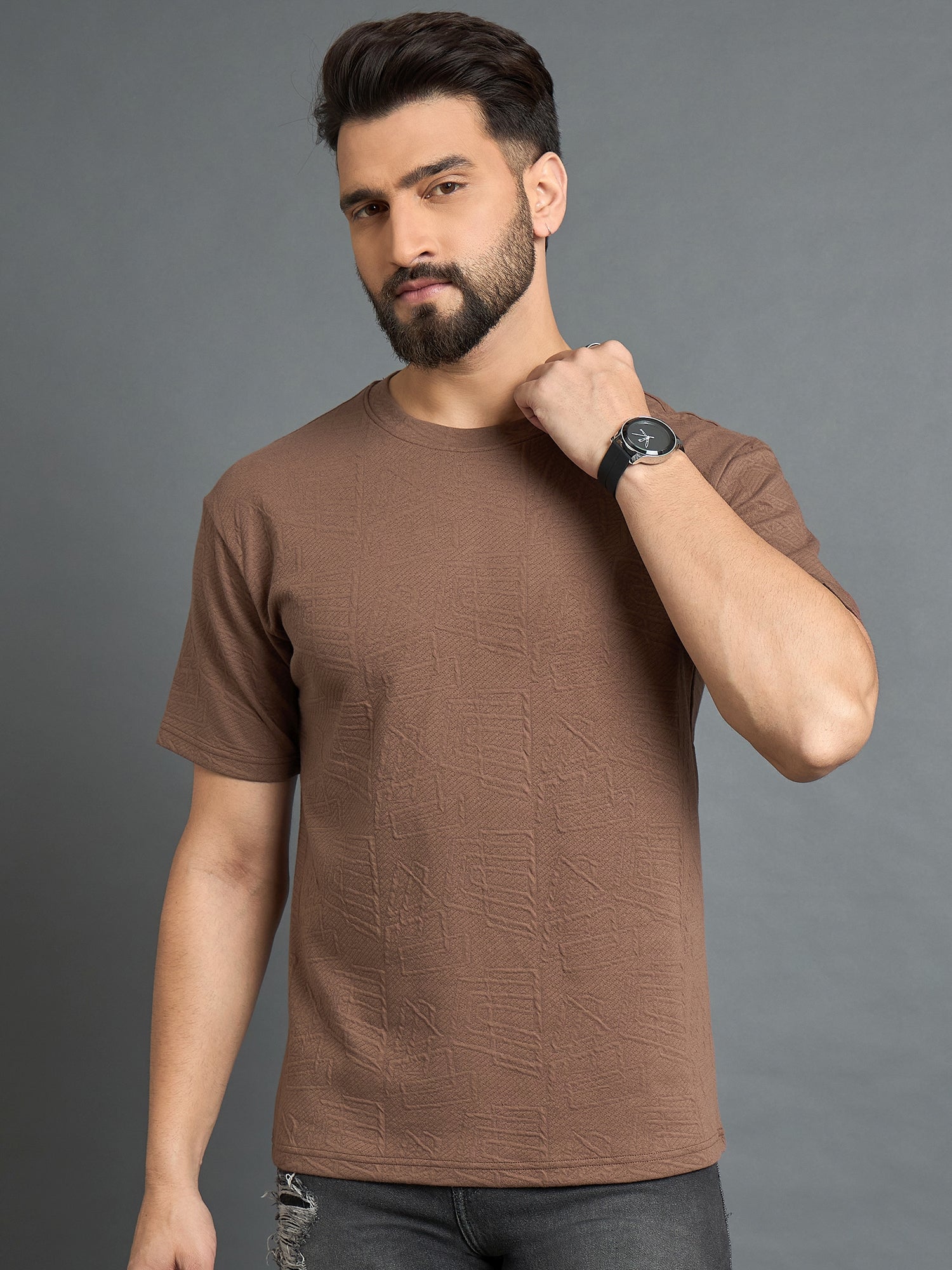 Brown Drop Shoulder Textured Tee