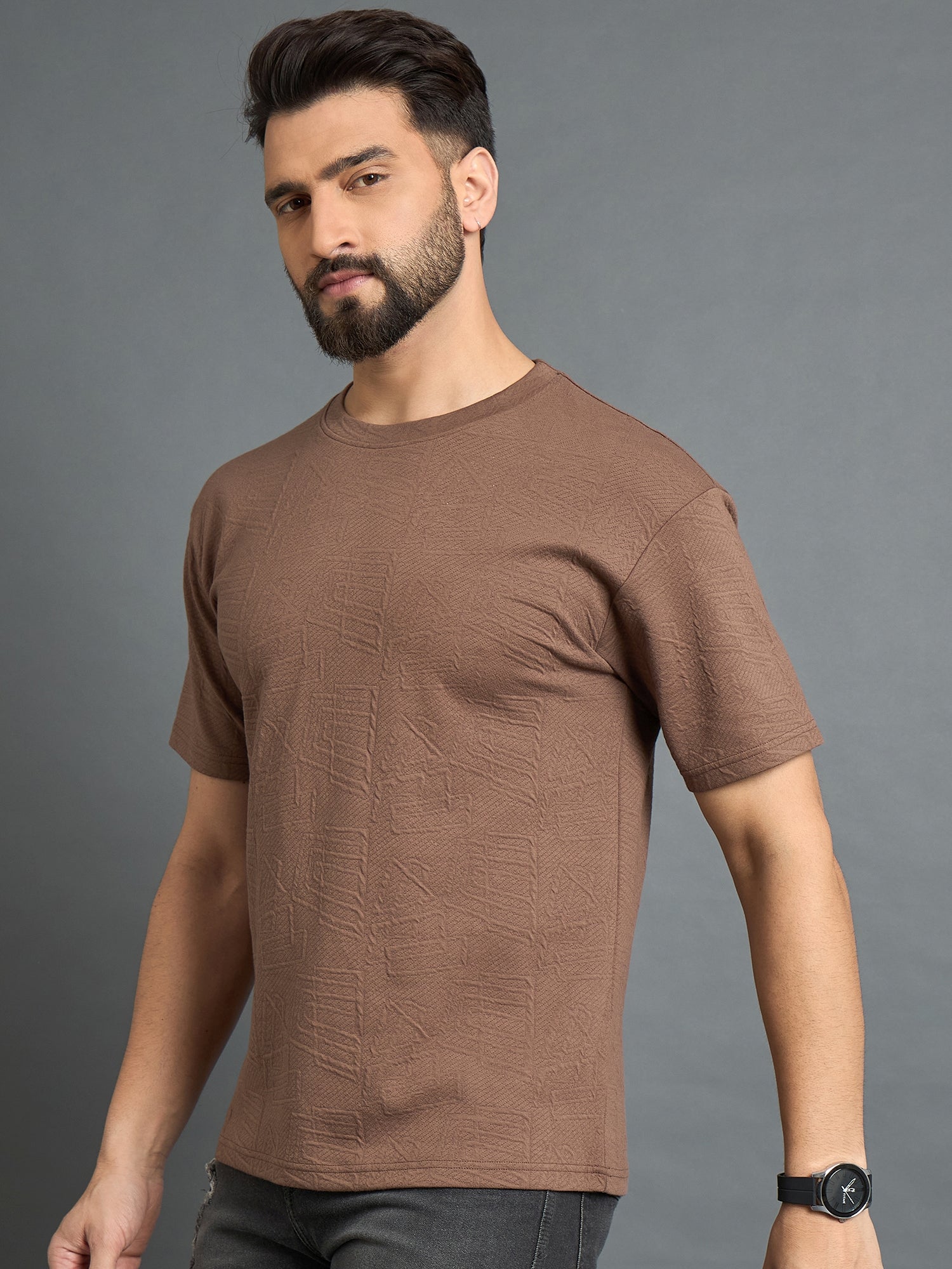 Brown Drop Shoulder Textured Tee