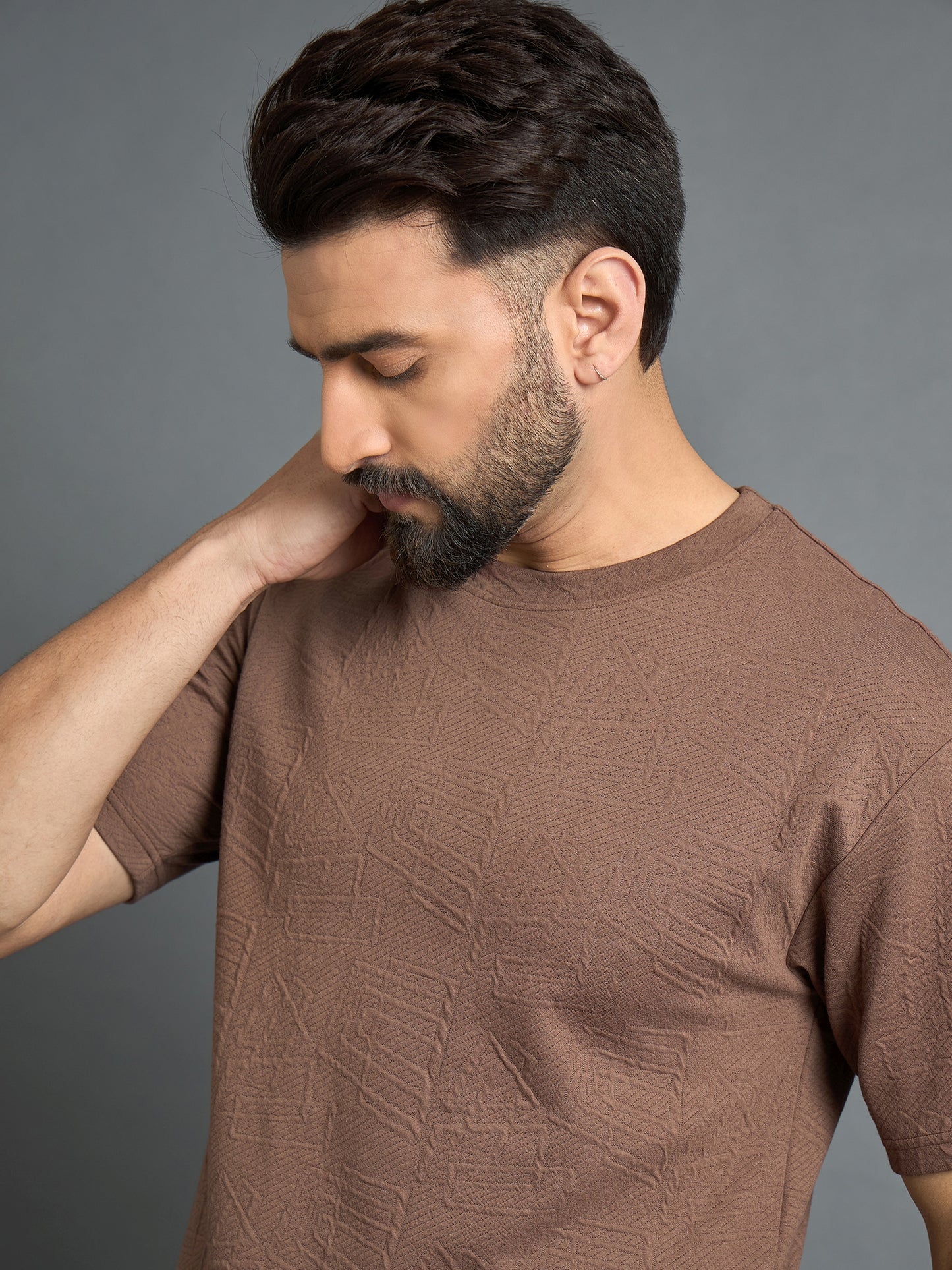 Brown Drop Shoulder Textured Tee