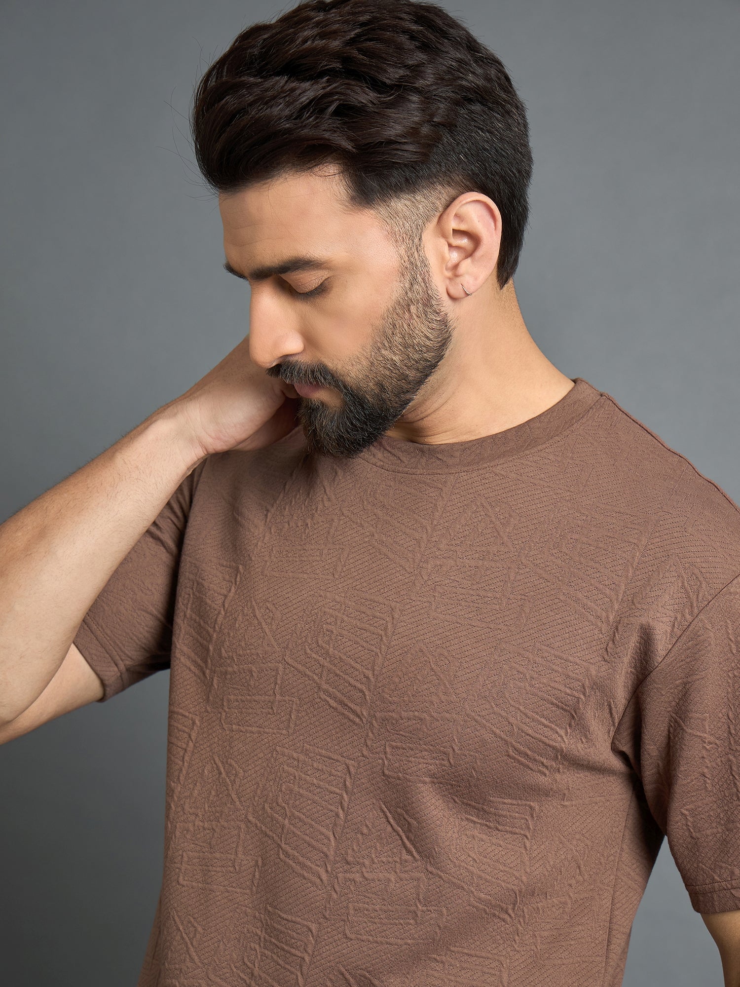 Brown Drop Shoulder Textured Tee