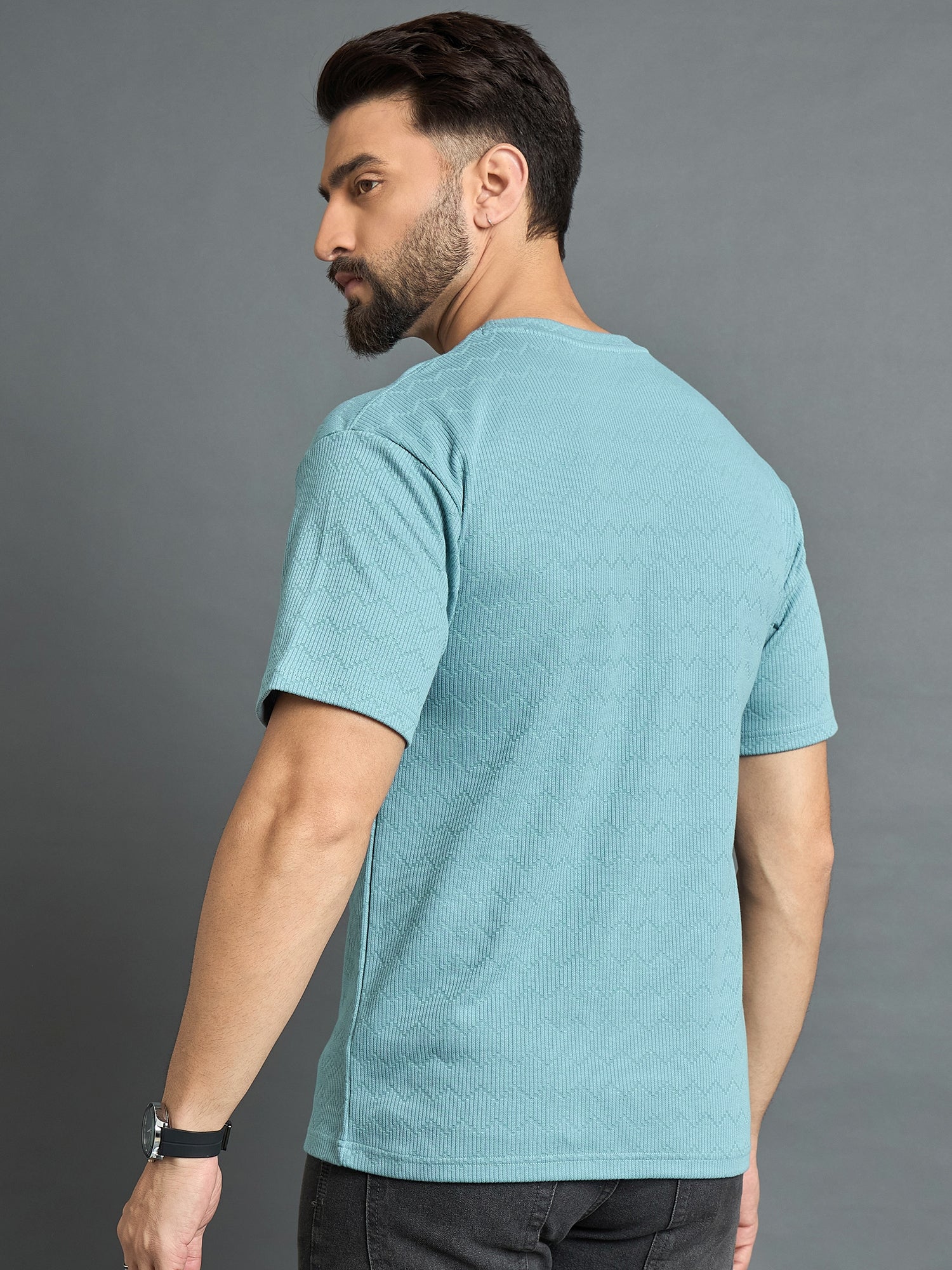 Sky Blue Drop Shoulder Textured Tee