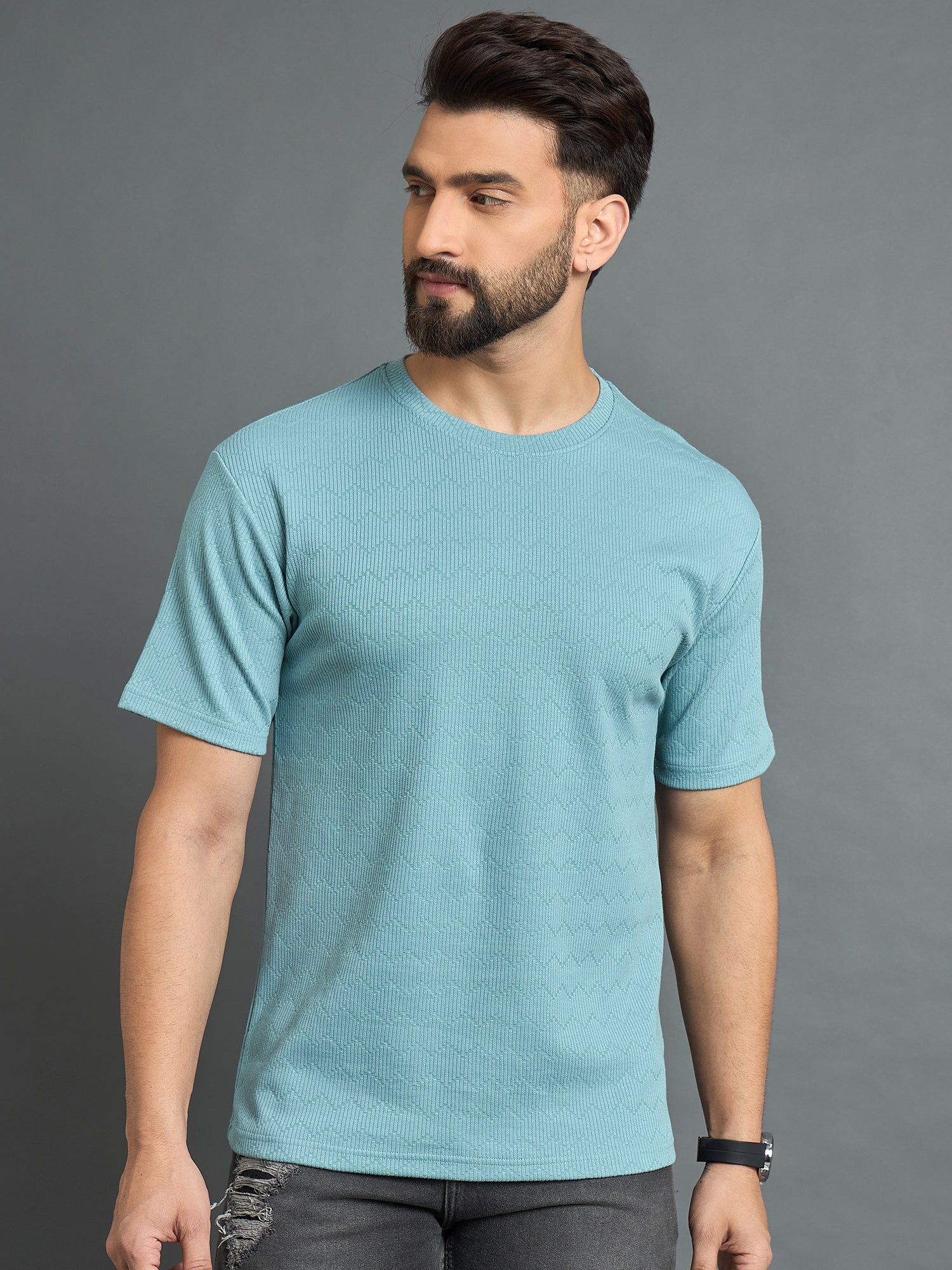 Sky Blue Drop Shoulder Textured Tee