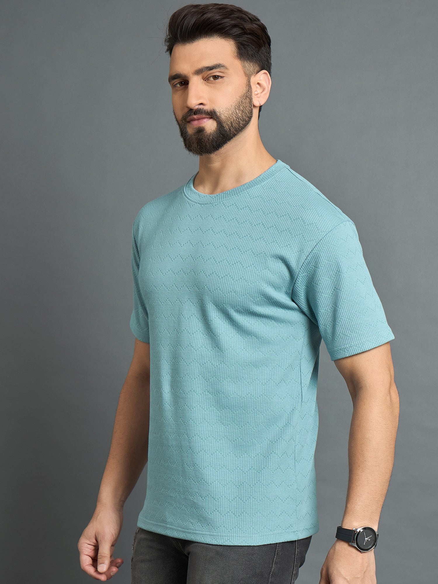 Sky Blue Drop Shoulder Textured Tee