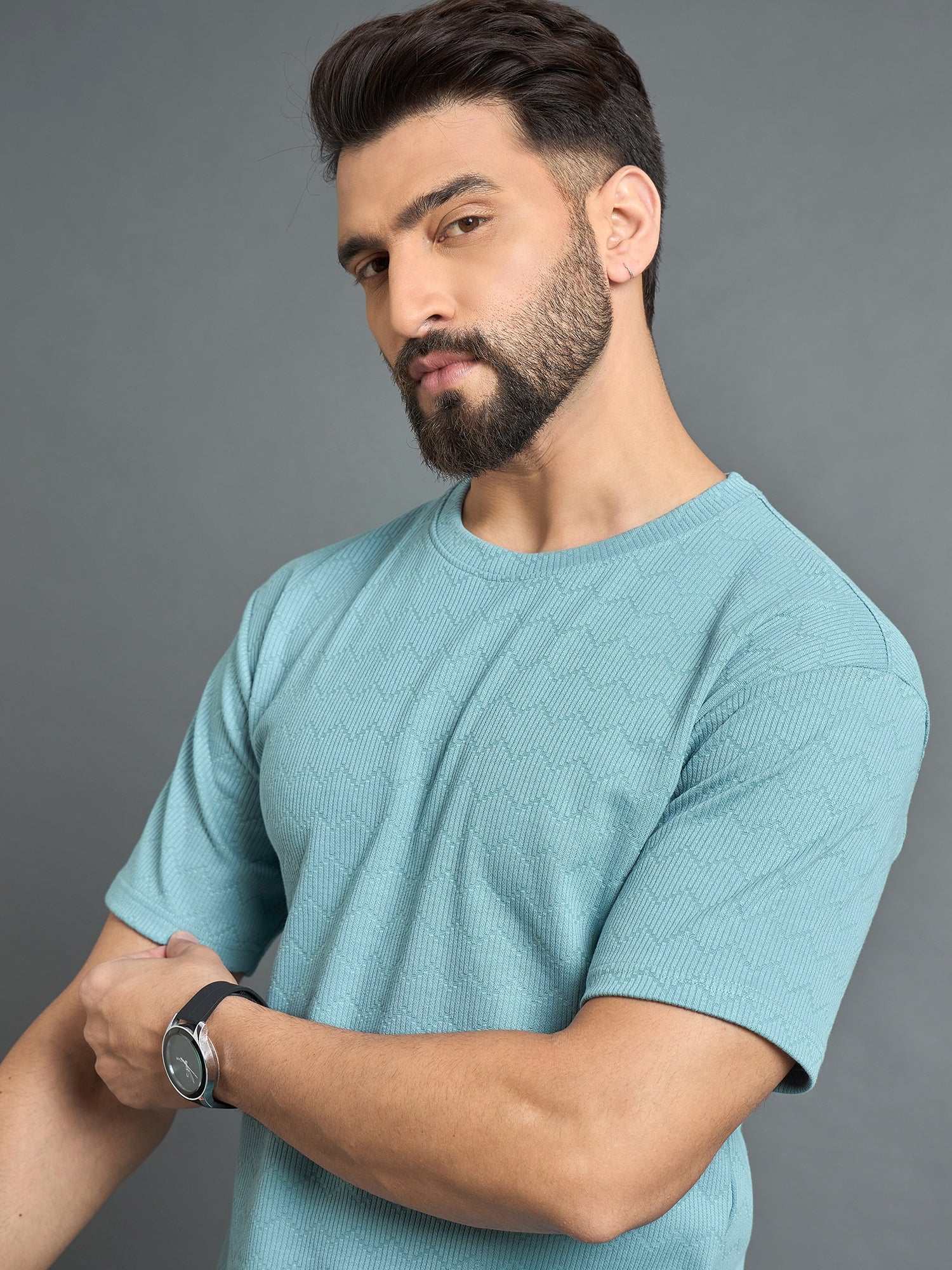 Sky Blue Drop Shoulder Textured Tee