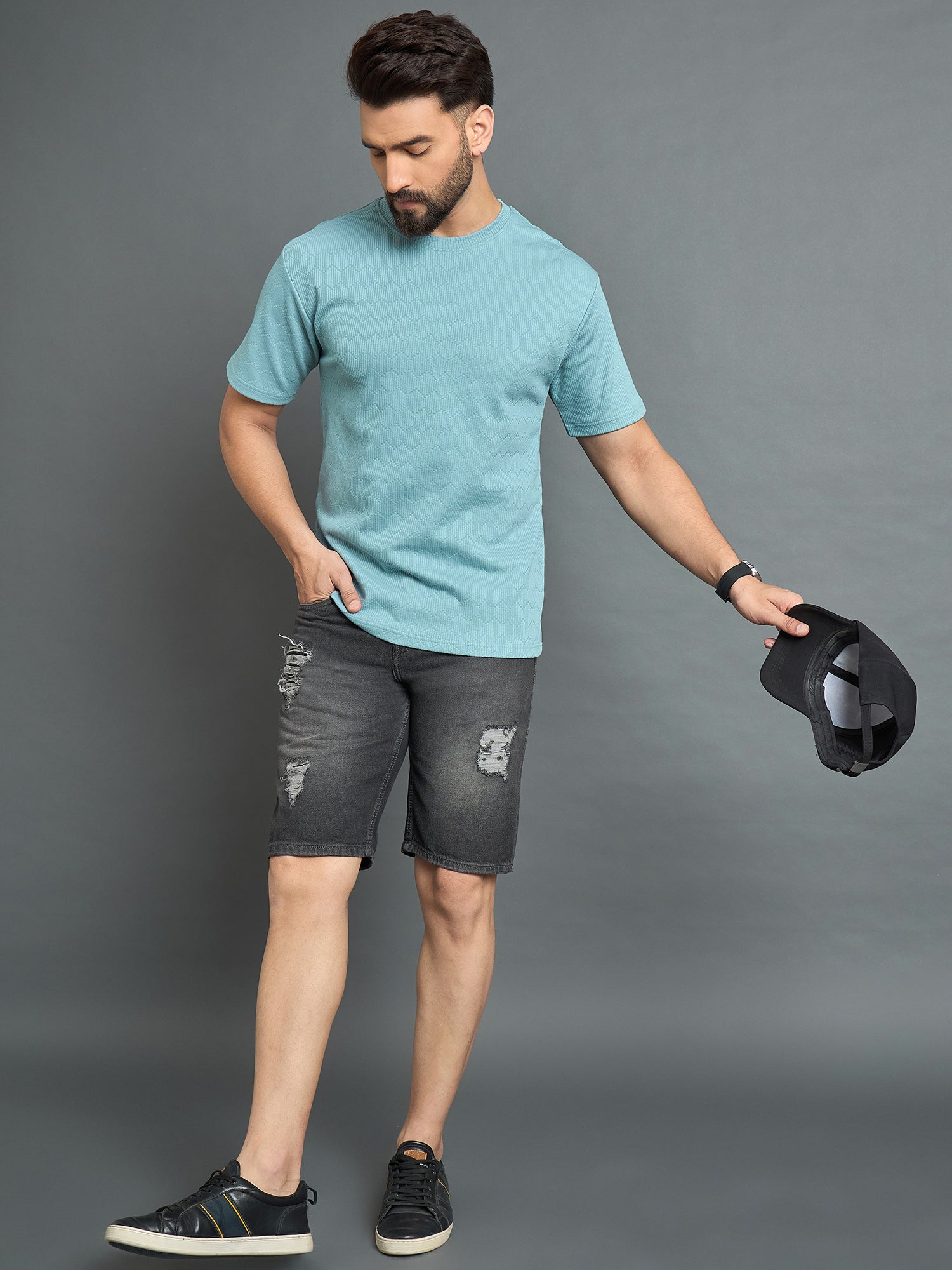 Sky Blue Drop Shoulder Textured Tee
