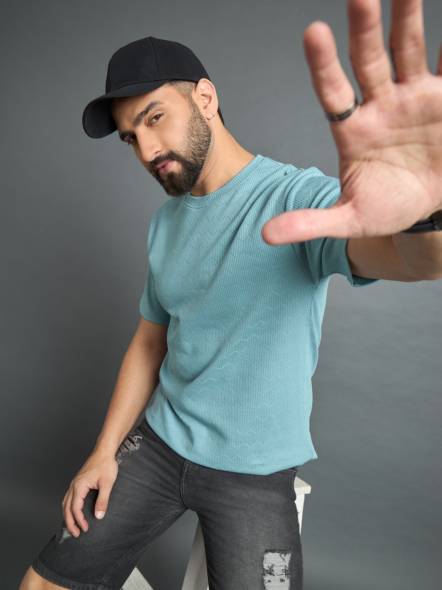 Sky Blue Drop Shoulder Textured Tee