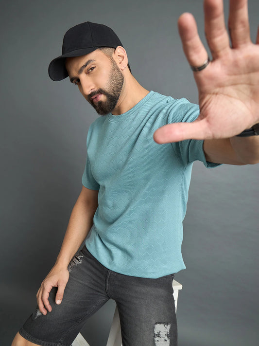 Men Oversized Textured Drop Shoulder Tee Sky Blue