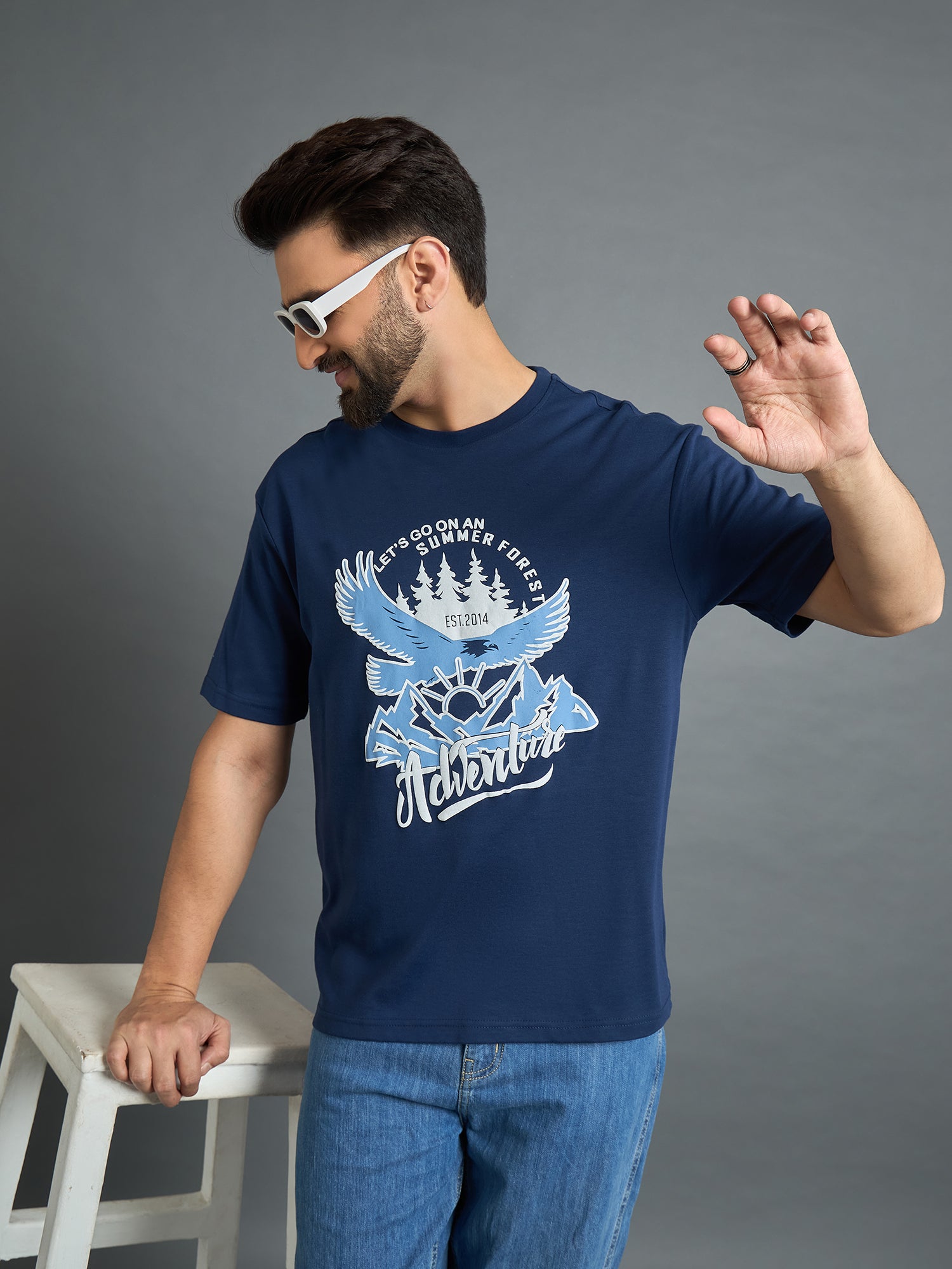 Blue Drop Shoulder Textured Tee