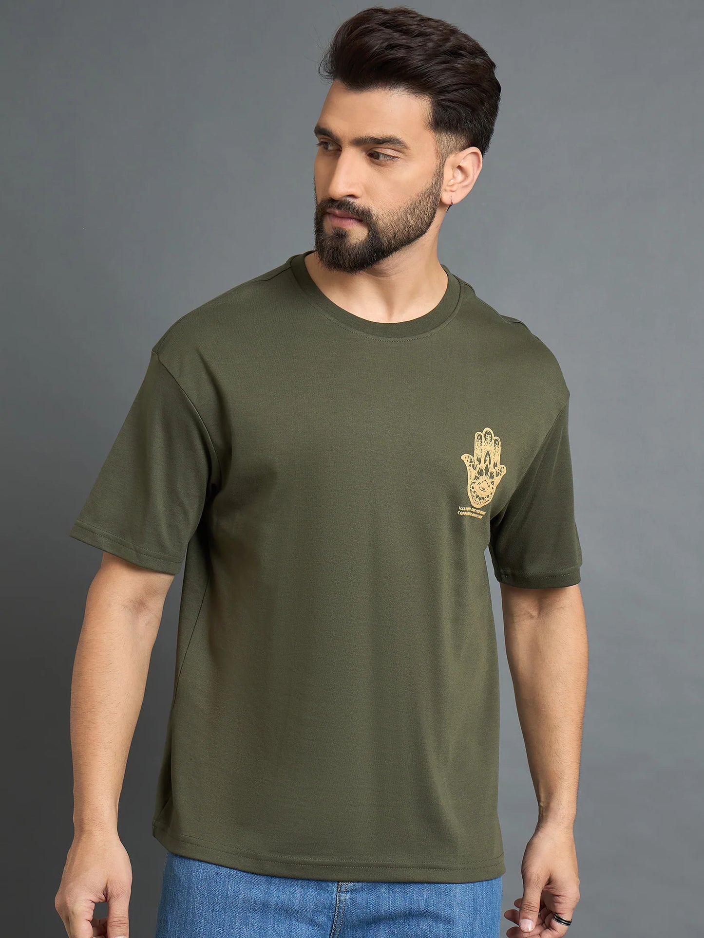 Men Drop Shoulder Printed Tee Olive