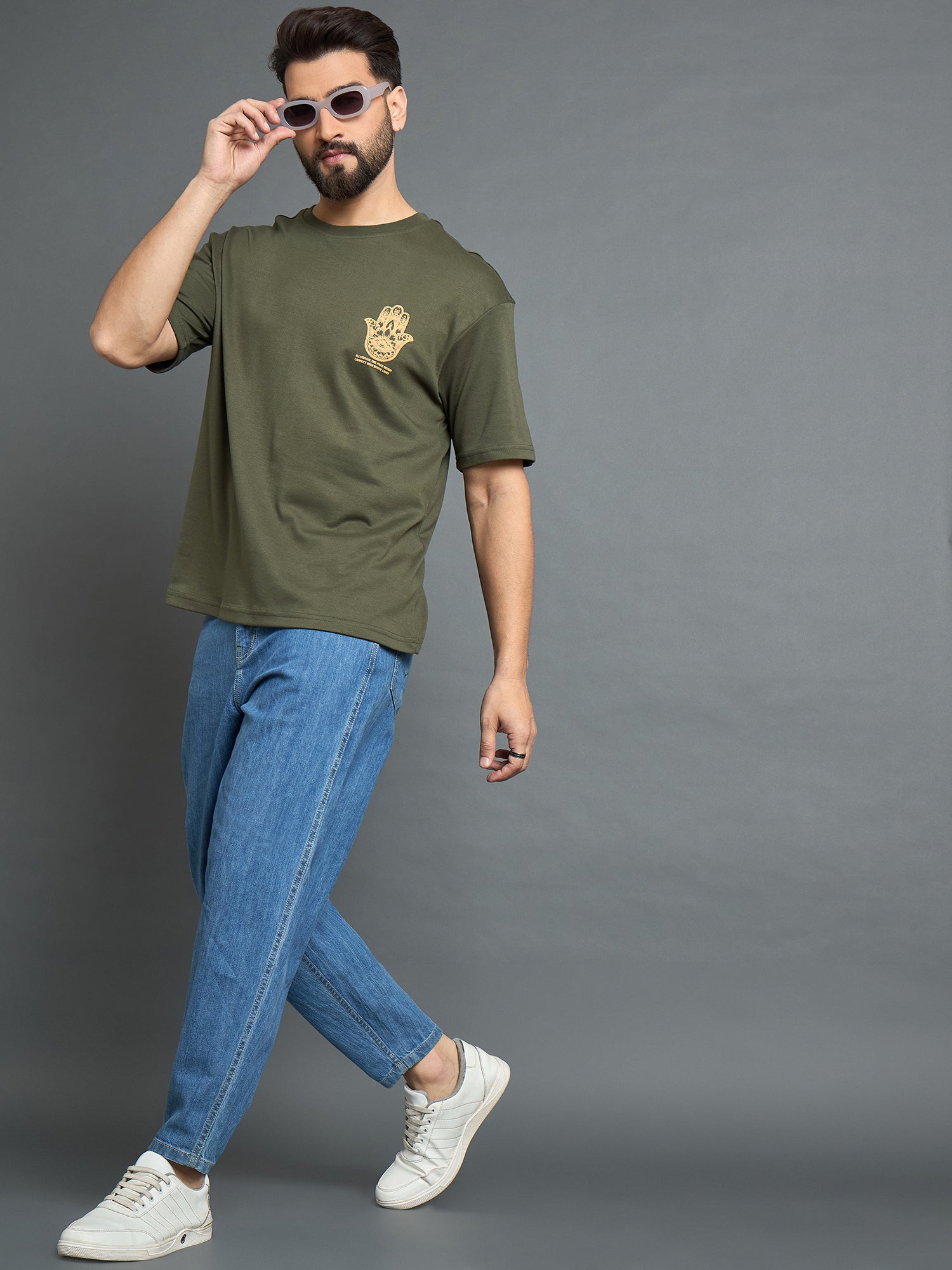 Olive Drop  Shoulder Textured Tee