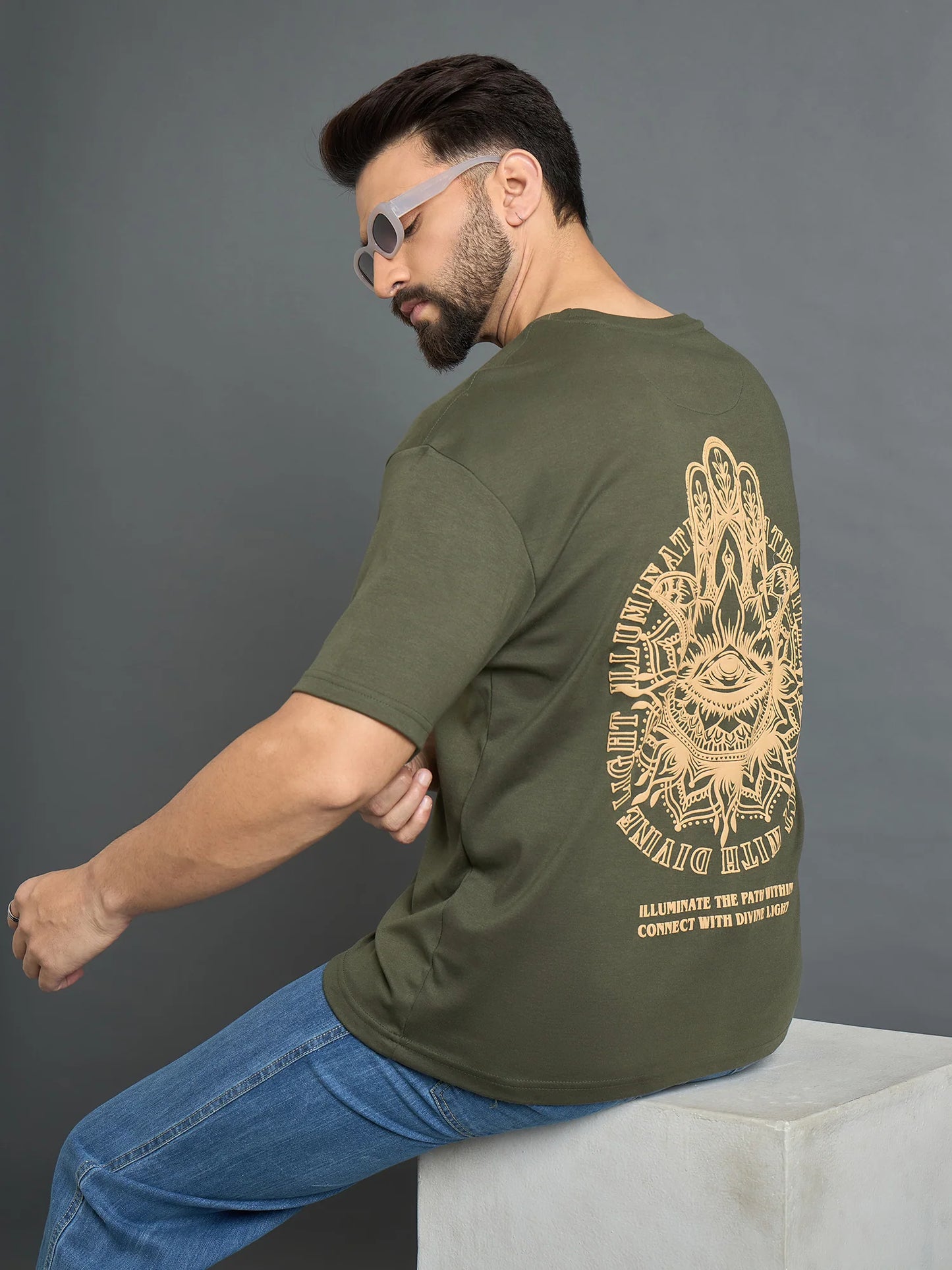 Men Drop Shoulder Printed Tee Olive