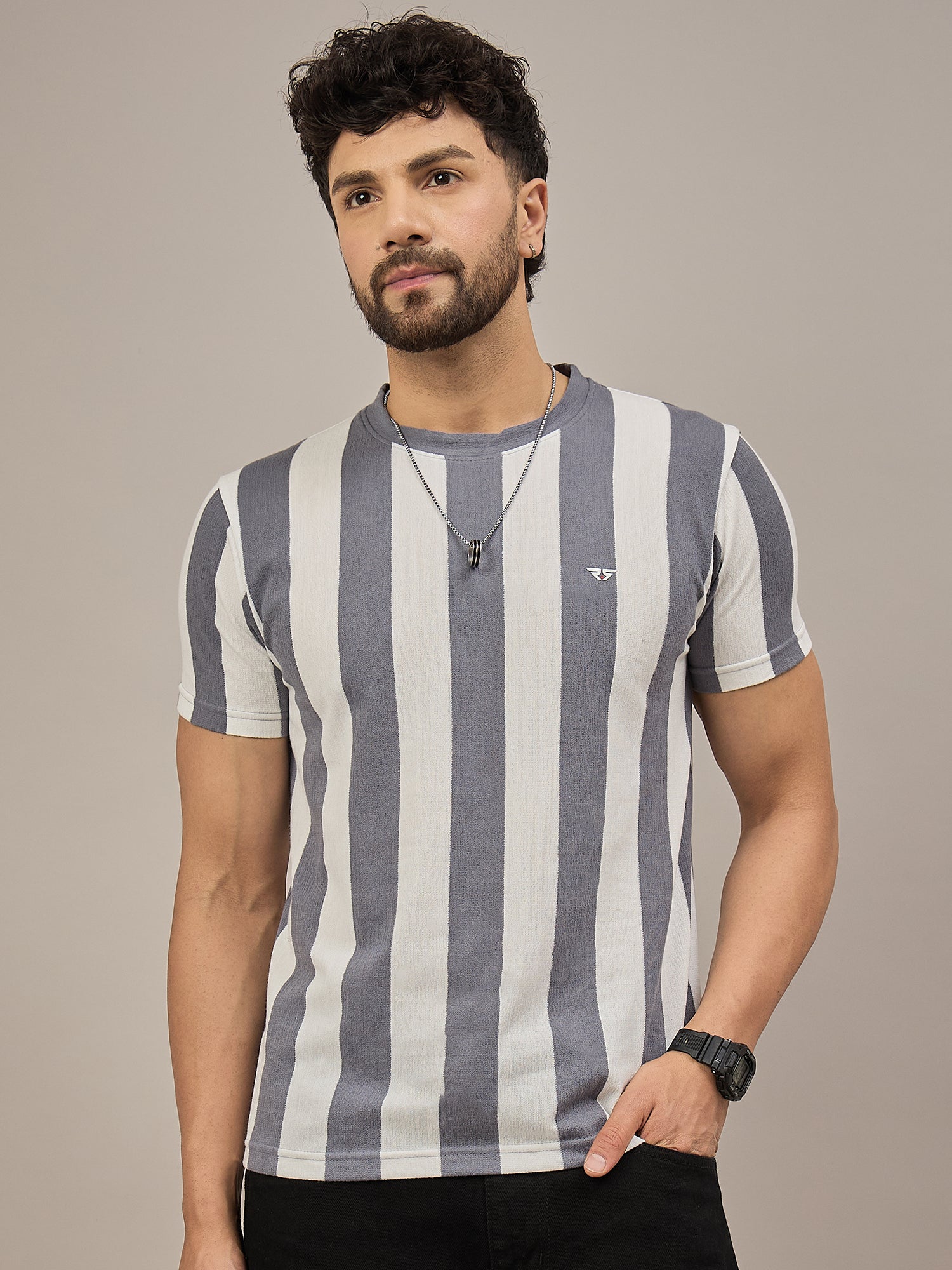Men Striped T-shirt Grey & White
