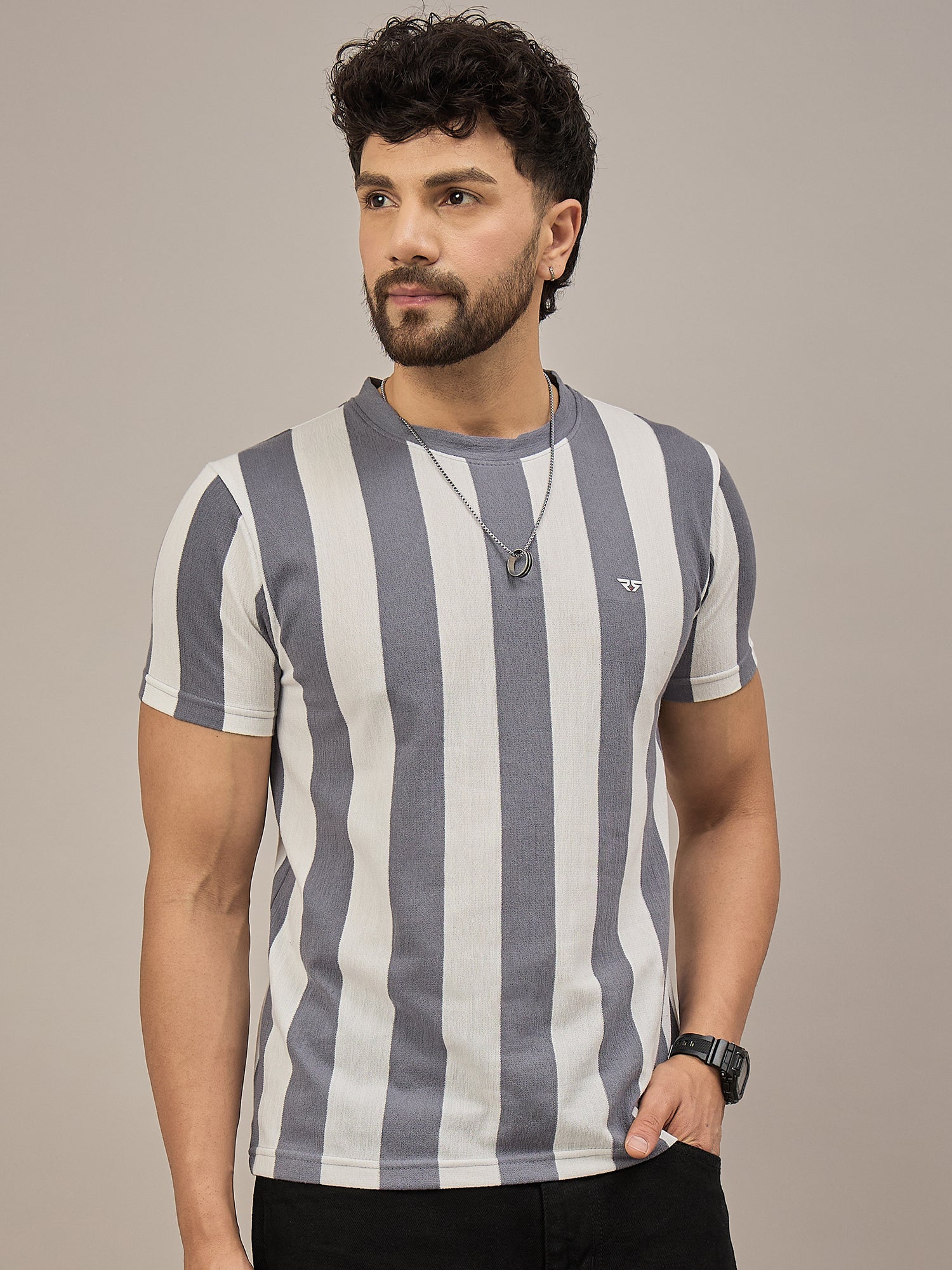 Men Striped T-shirt Grey & White