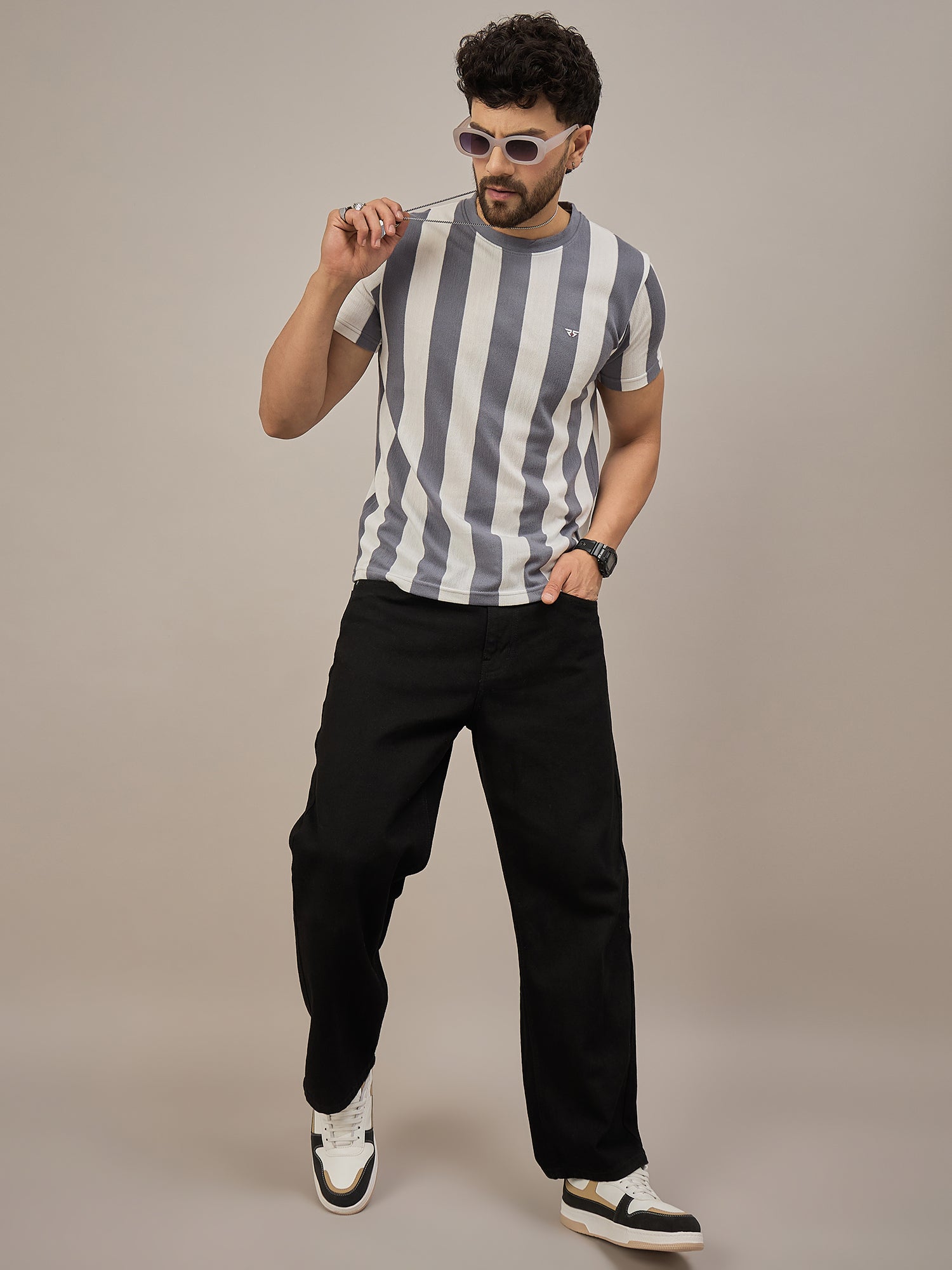Men Striped T-shirt Grey & White