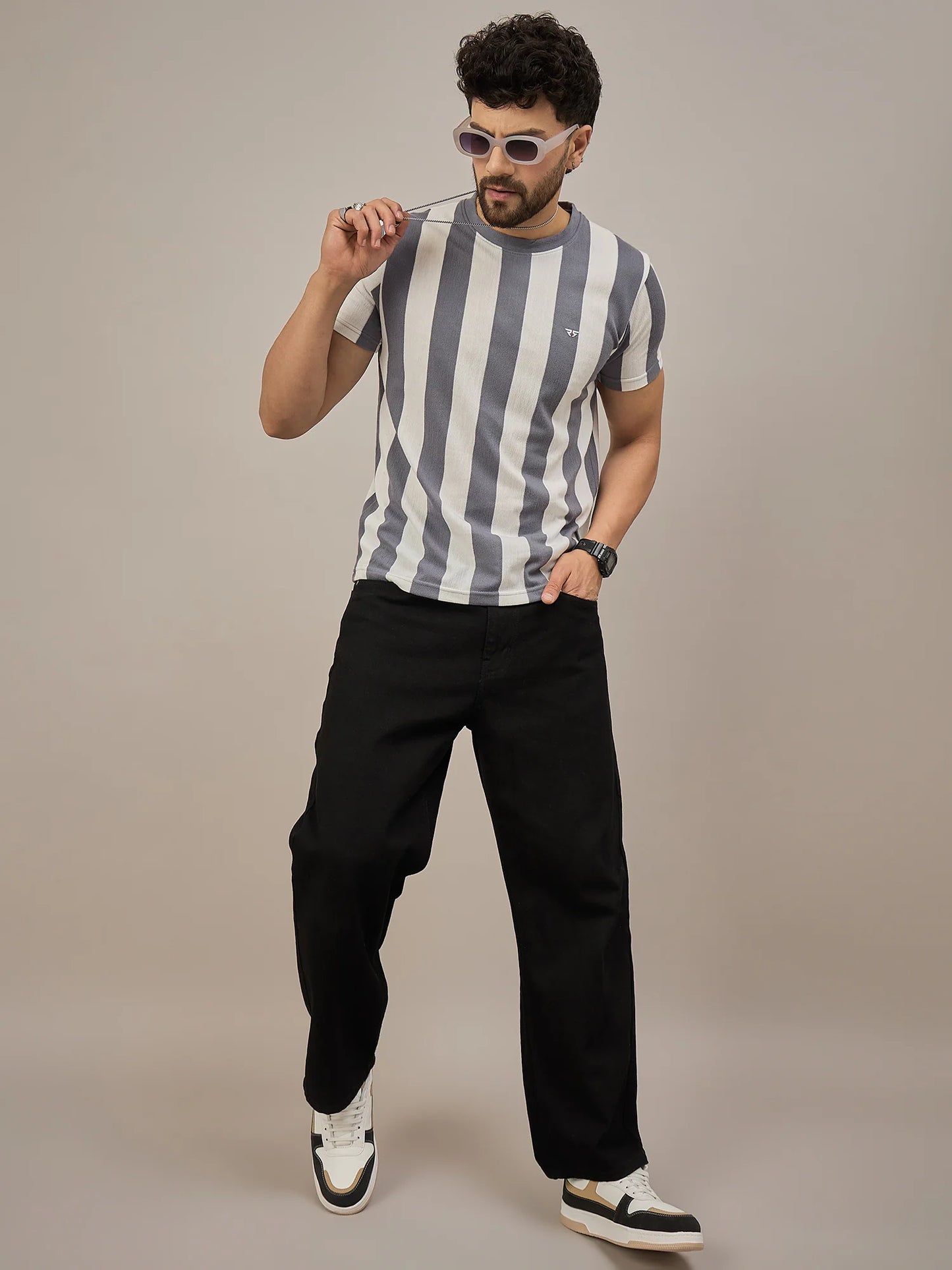 Men Striped T-shirt Grey and White
