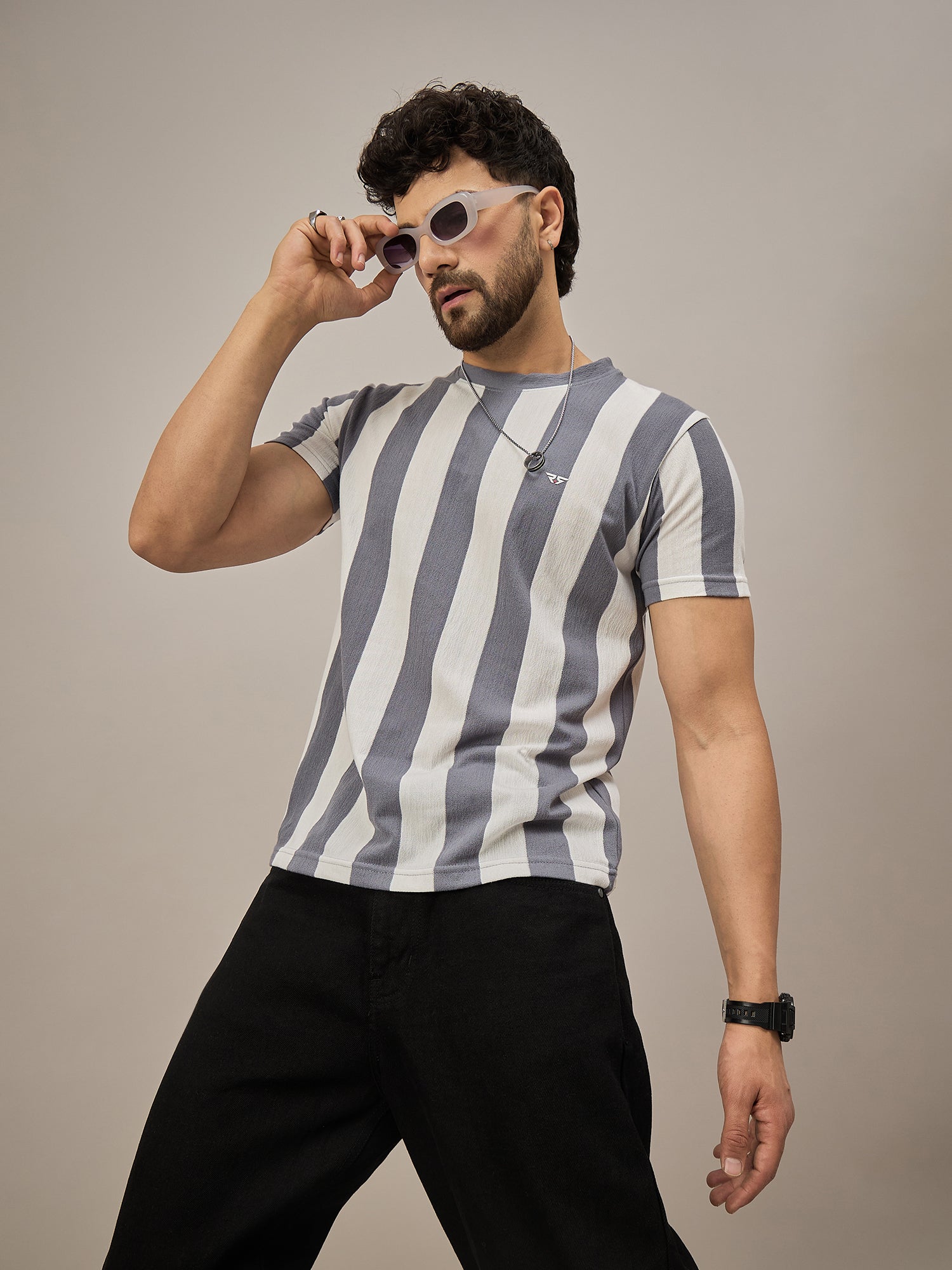 Men Striped T-shirt Grey & White