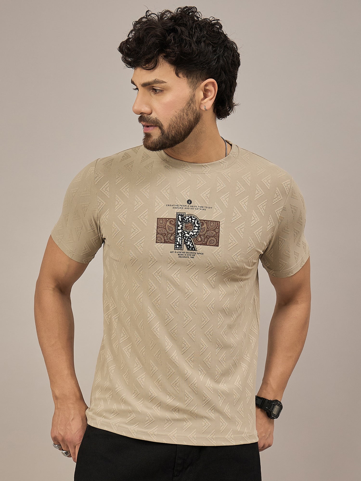 Men Round Neck T-shirt Beige