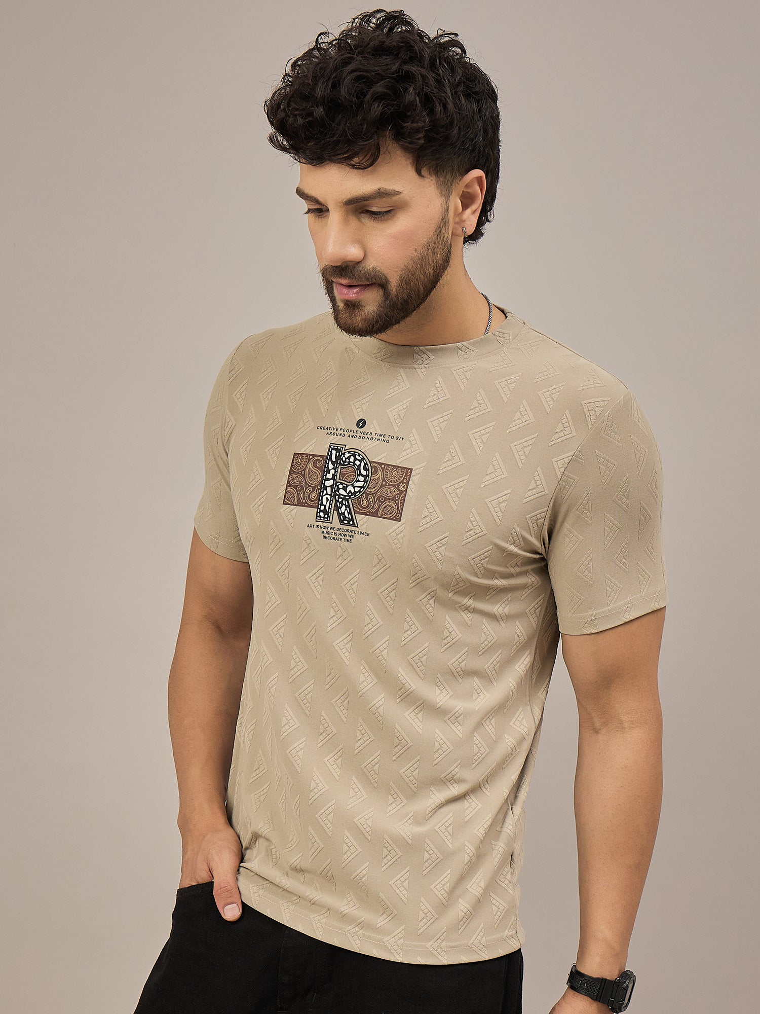 Men Round Neck T-shirt Beige