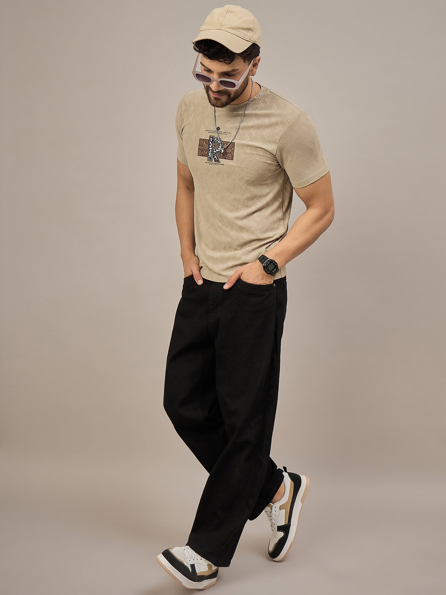 Men Round Neck T-shirt Beige