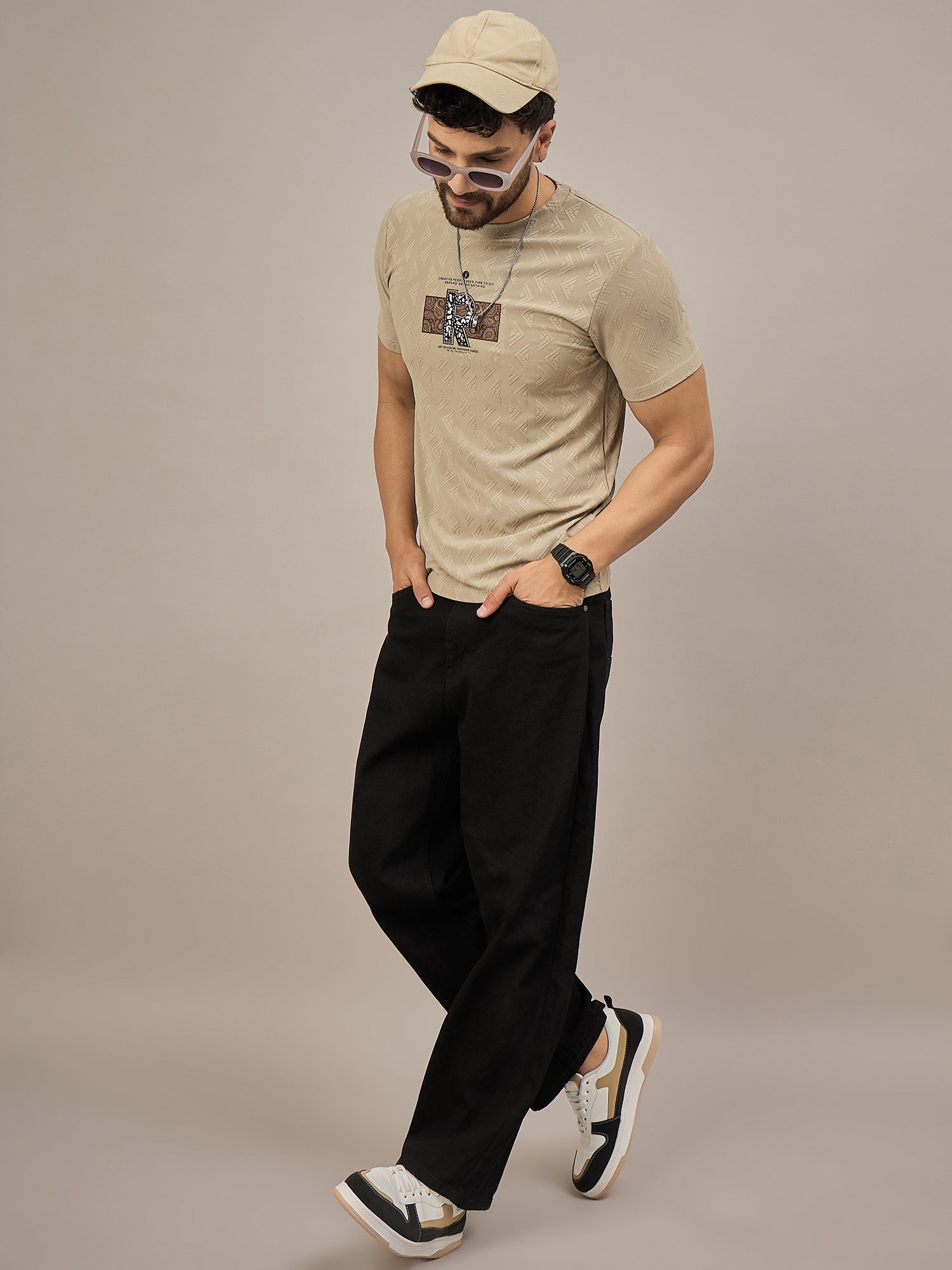 Men Round Neck T-shirt Beige