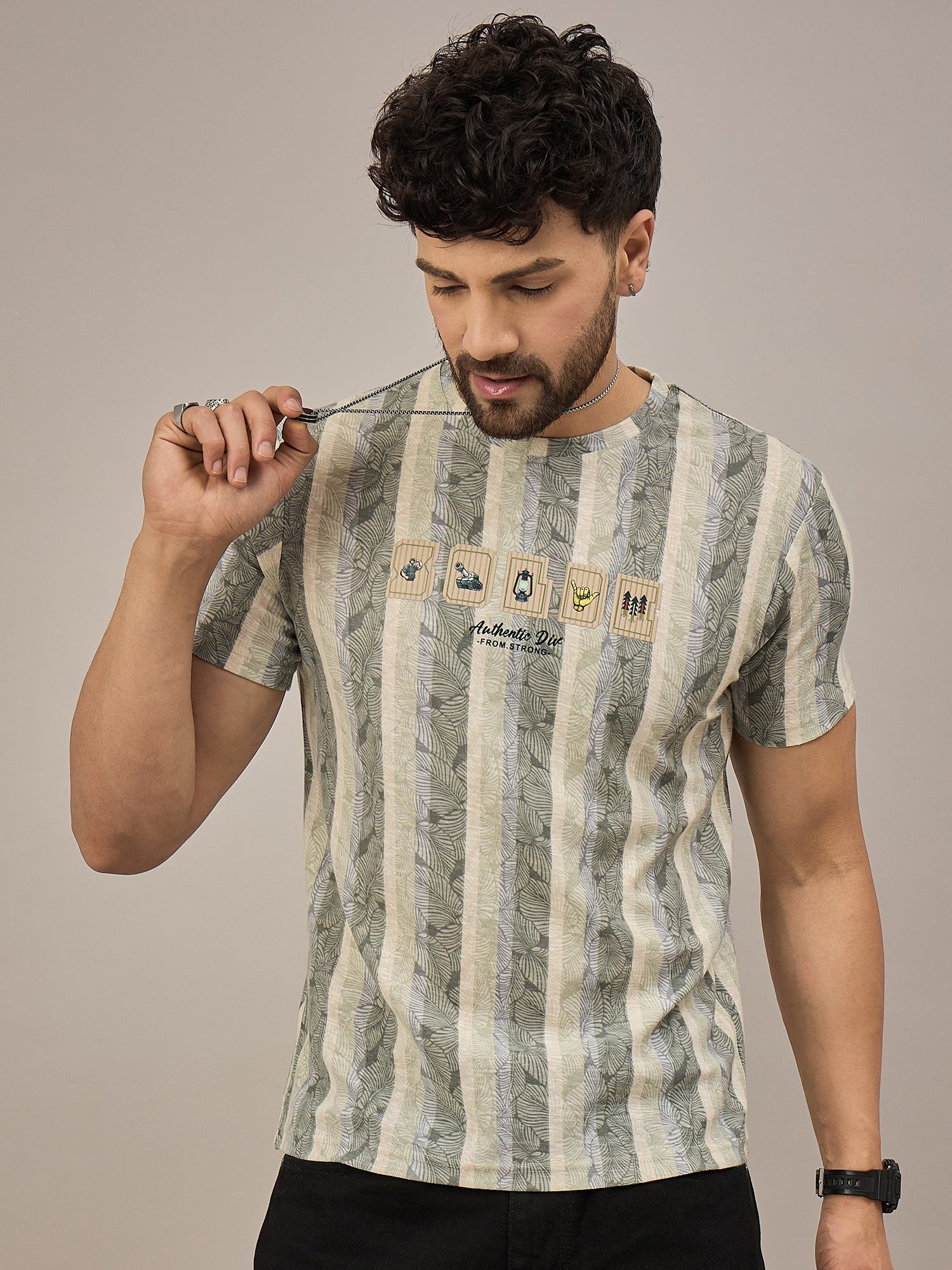 Men Striped T-shirt Green & Light Blue