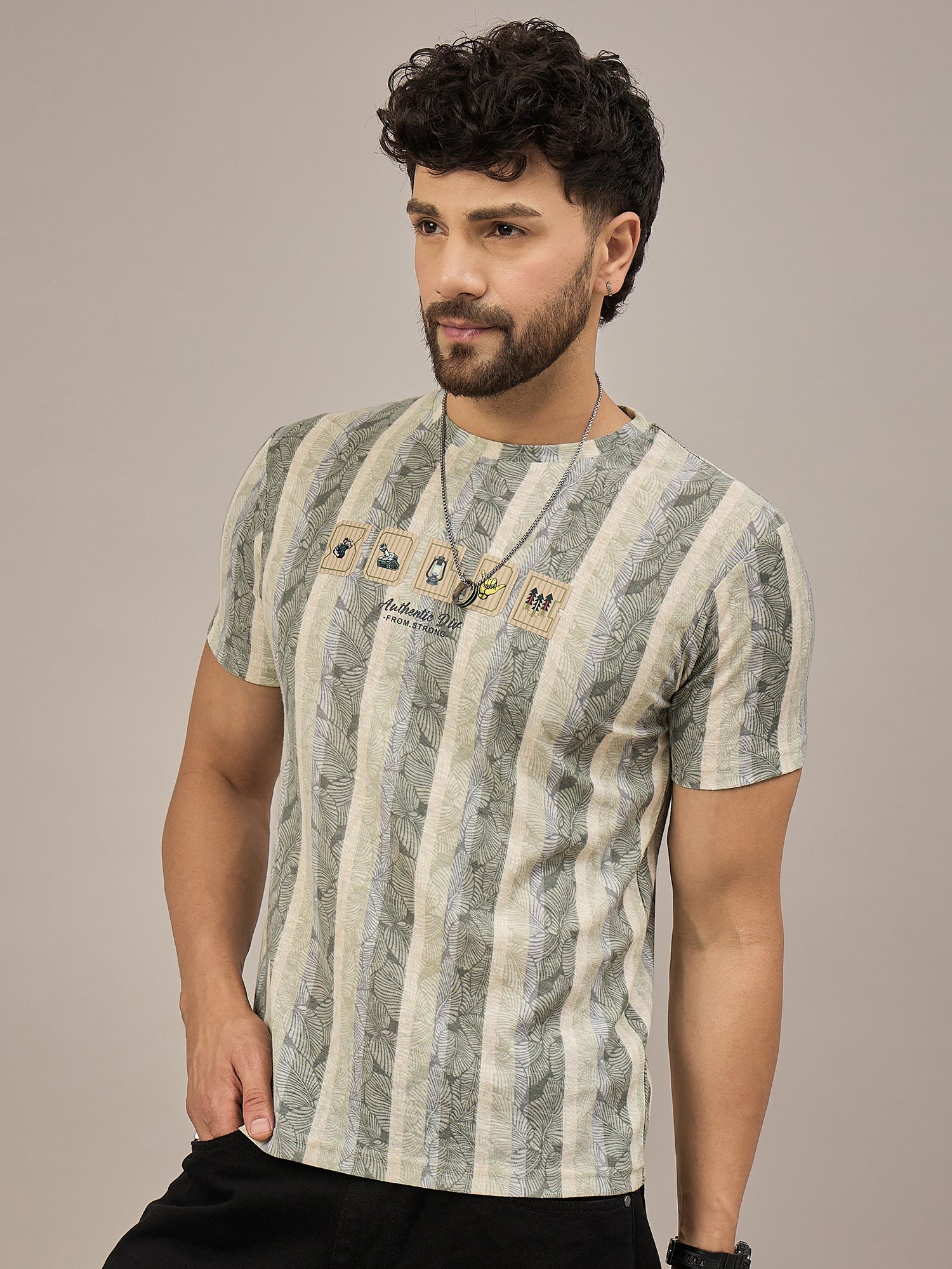 Men Striped T-shirt Green & Light Blue