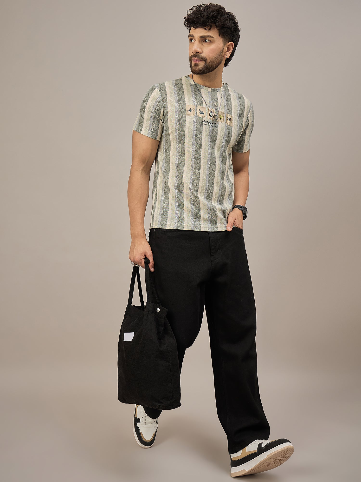Men Striped T-shirt Green & Light Blue