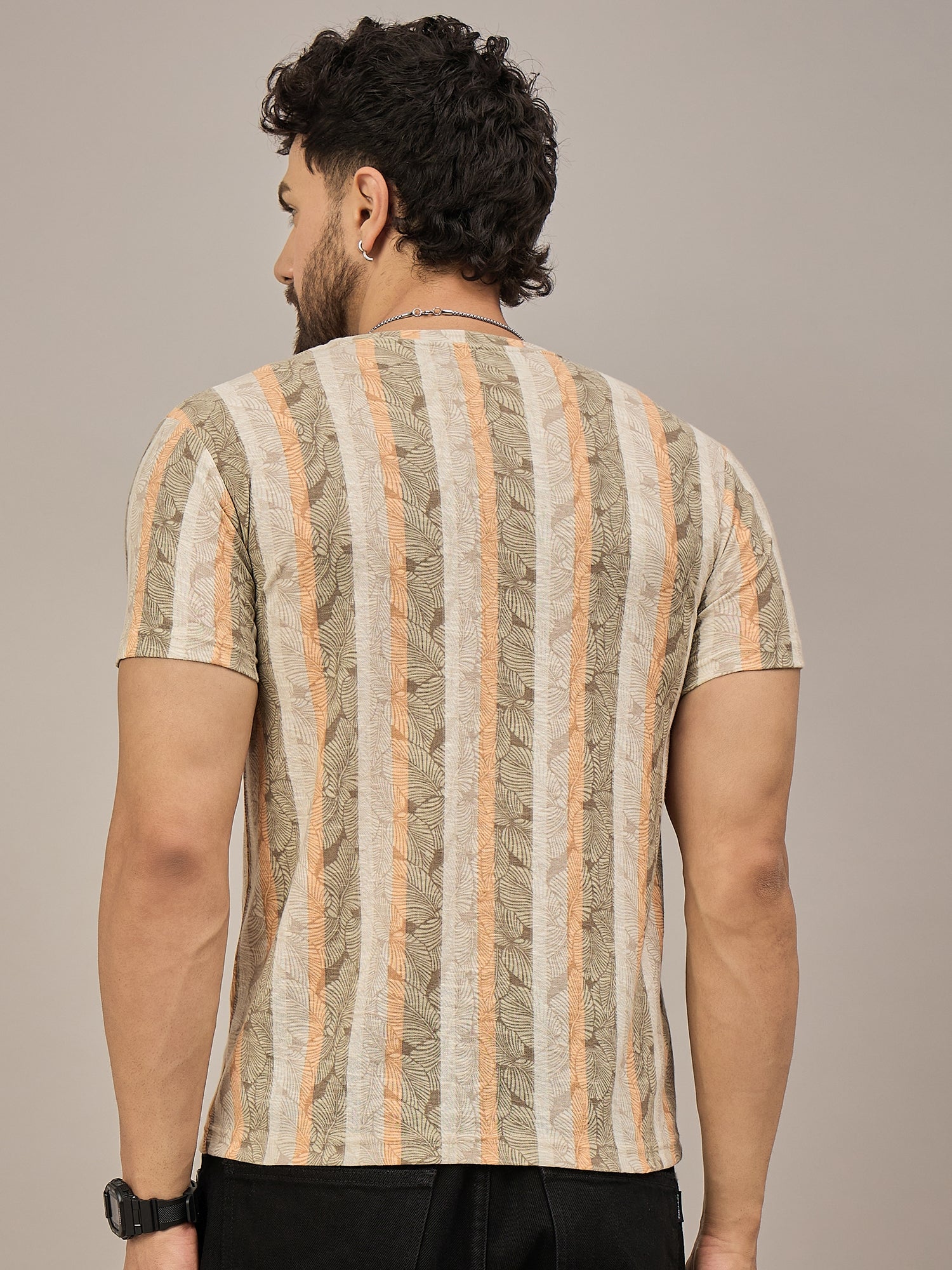 Men Striped T-shirt Light Brown & Orange