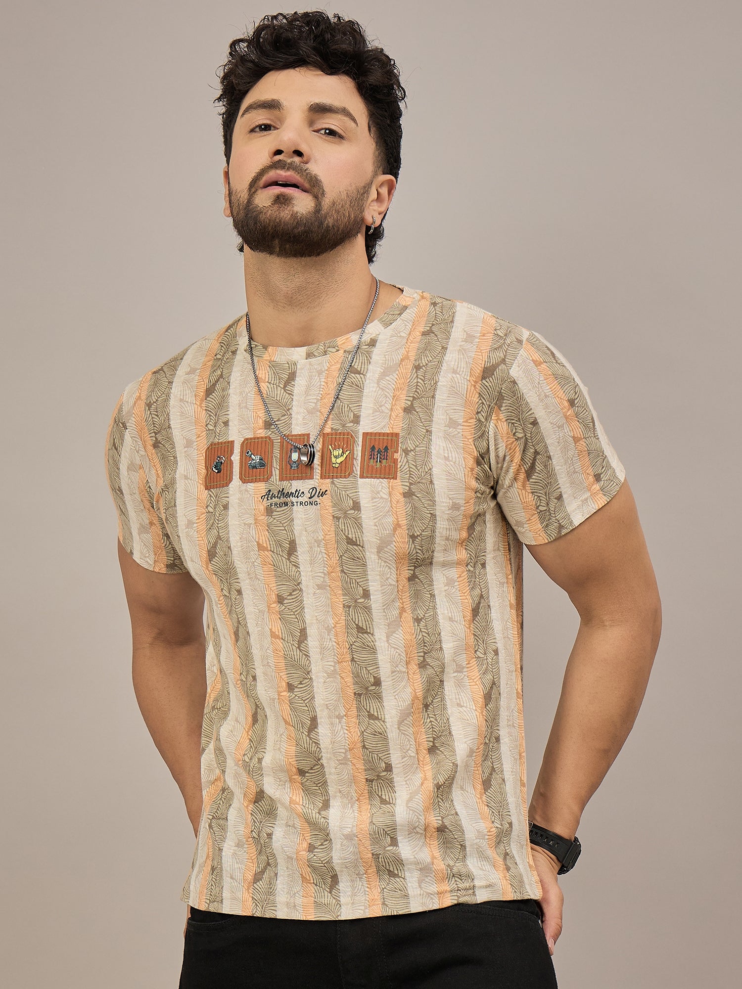 Men Striped T-shirt Light Brown & Orange