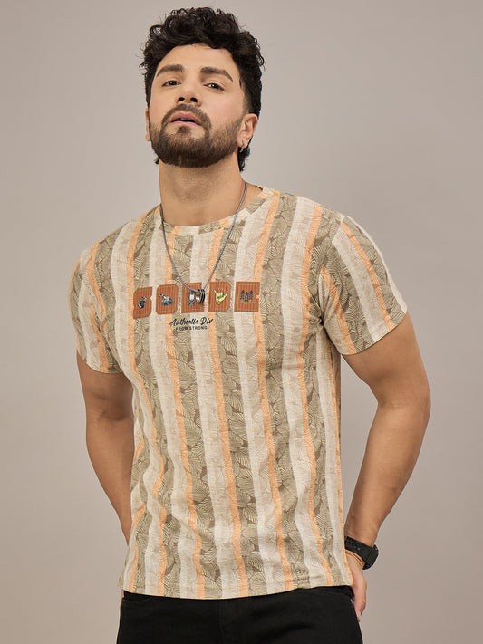 Men Striped T-shirt Light Brown & Orange